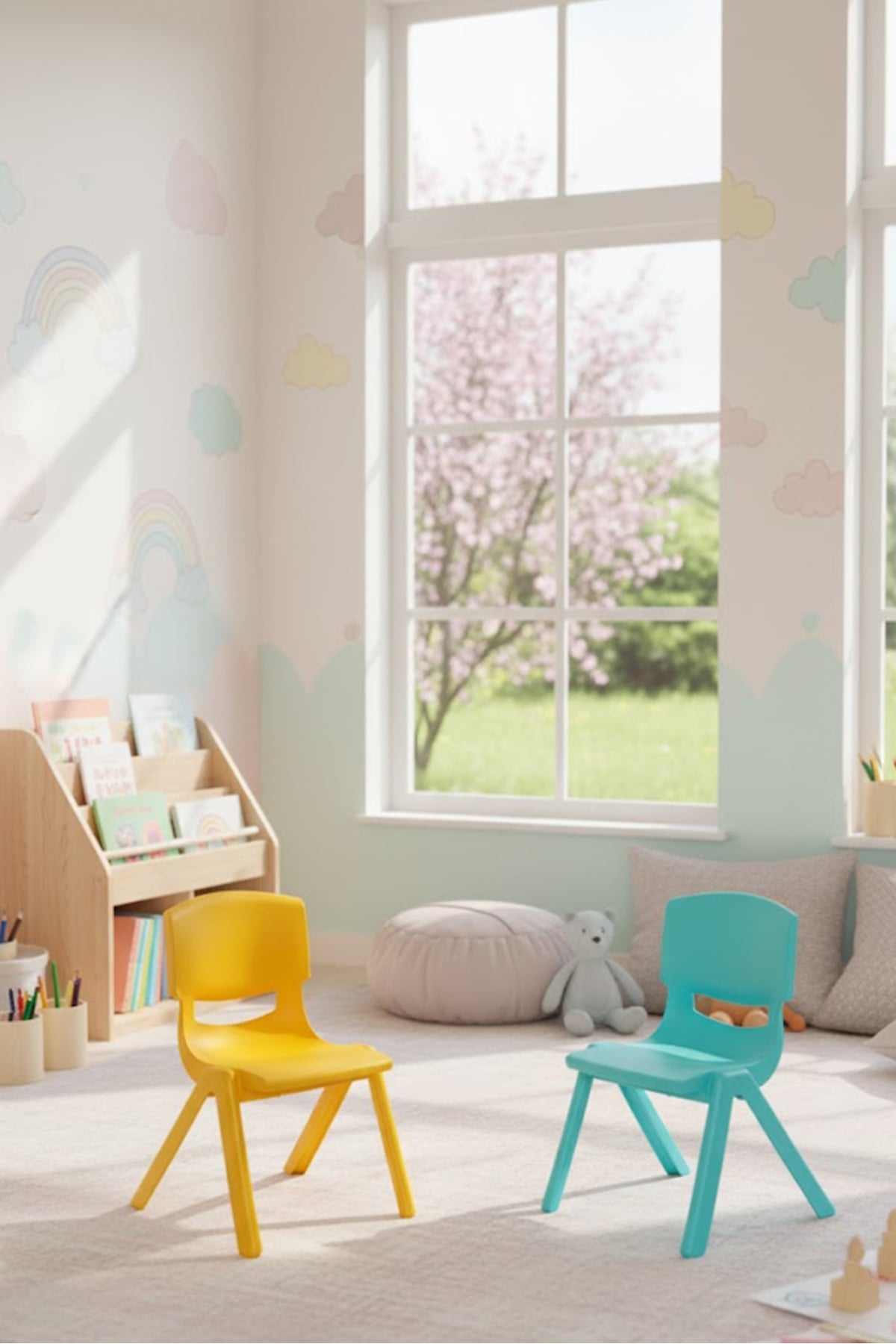 Sandalie Junior 2 Adet Ergonomik Konforlu Anaokulu Kreş Çocuk Sandalyesi - Turkuaz/Sarı