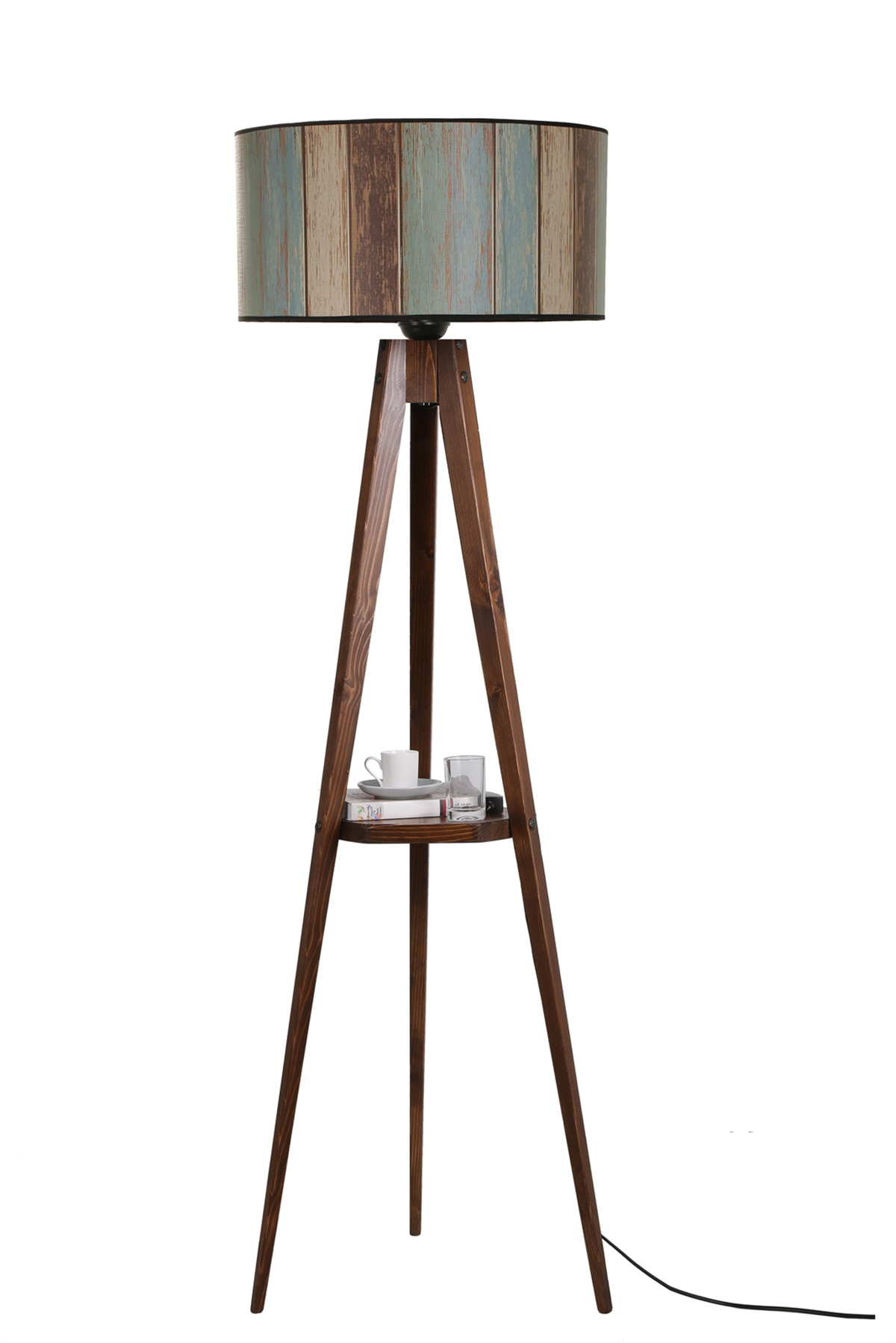 Sehbalı Tripod Lambader Ceviz Silindir Renkli Abajurlu