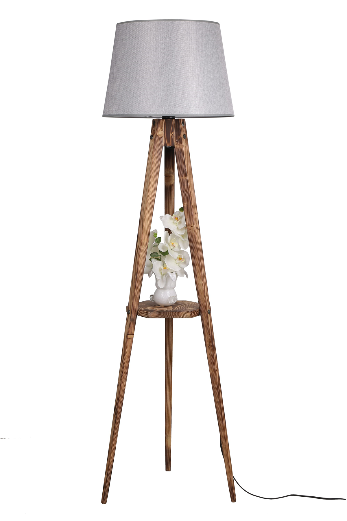 Sehbalı Tripod Yanık Lambader Pramit Hasır Gri Abajurlu