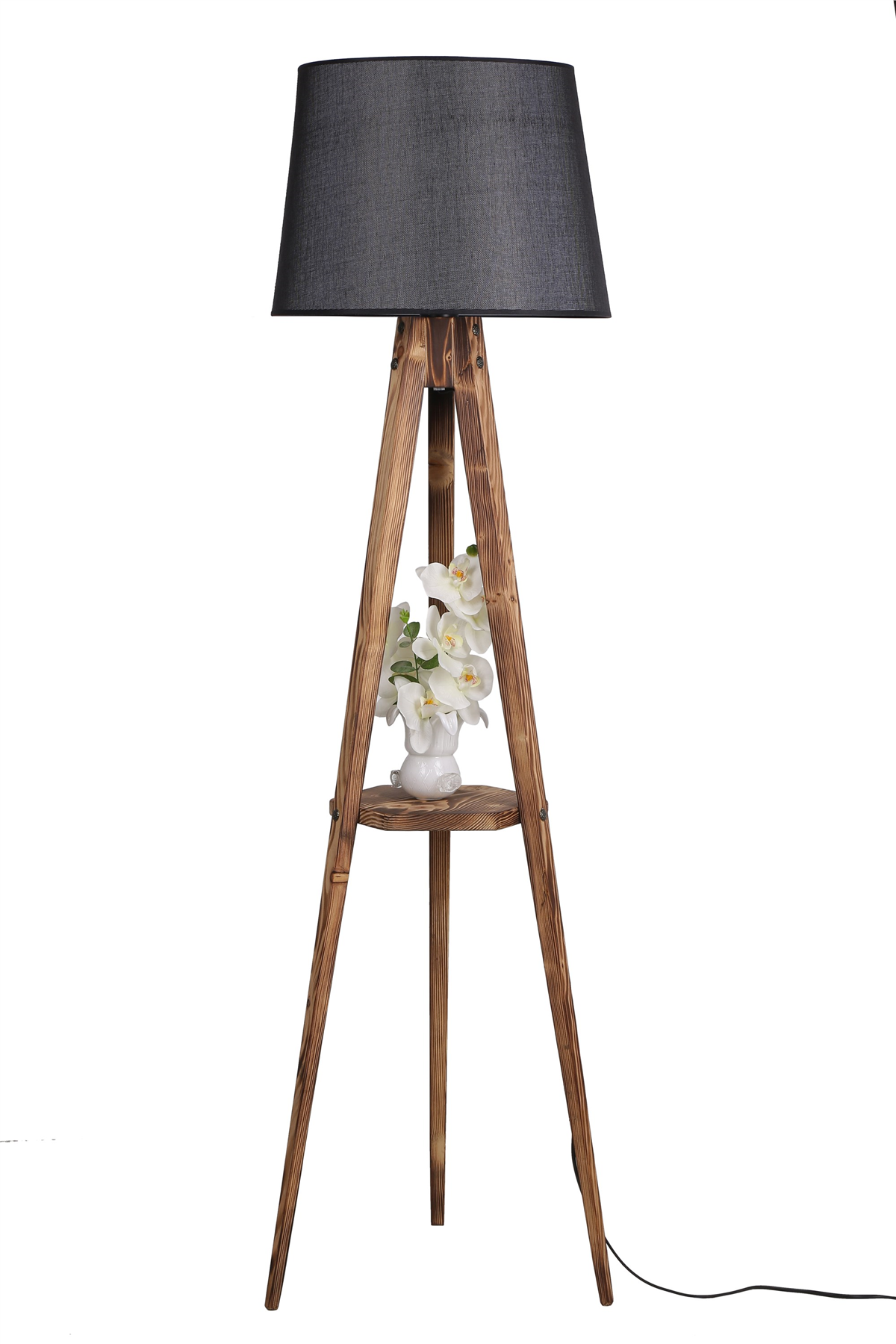 Sehbalı Tripod Yanık Lambader Pramit Hasır Siyah Abajurlu