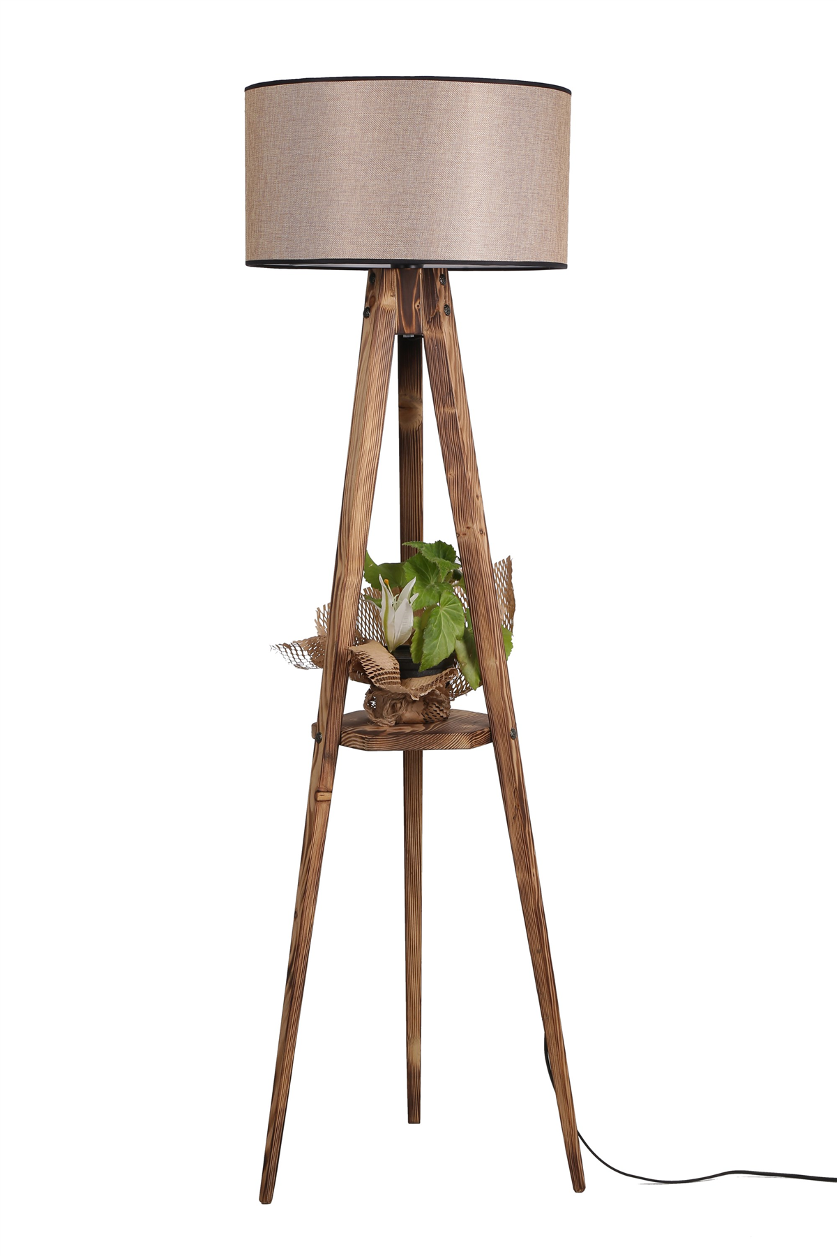 Sehbalı Tripod Yanık Lambader Silindir Koyu Hasır Abajurlu