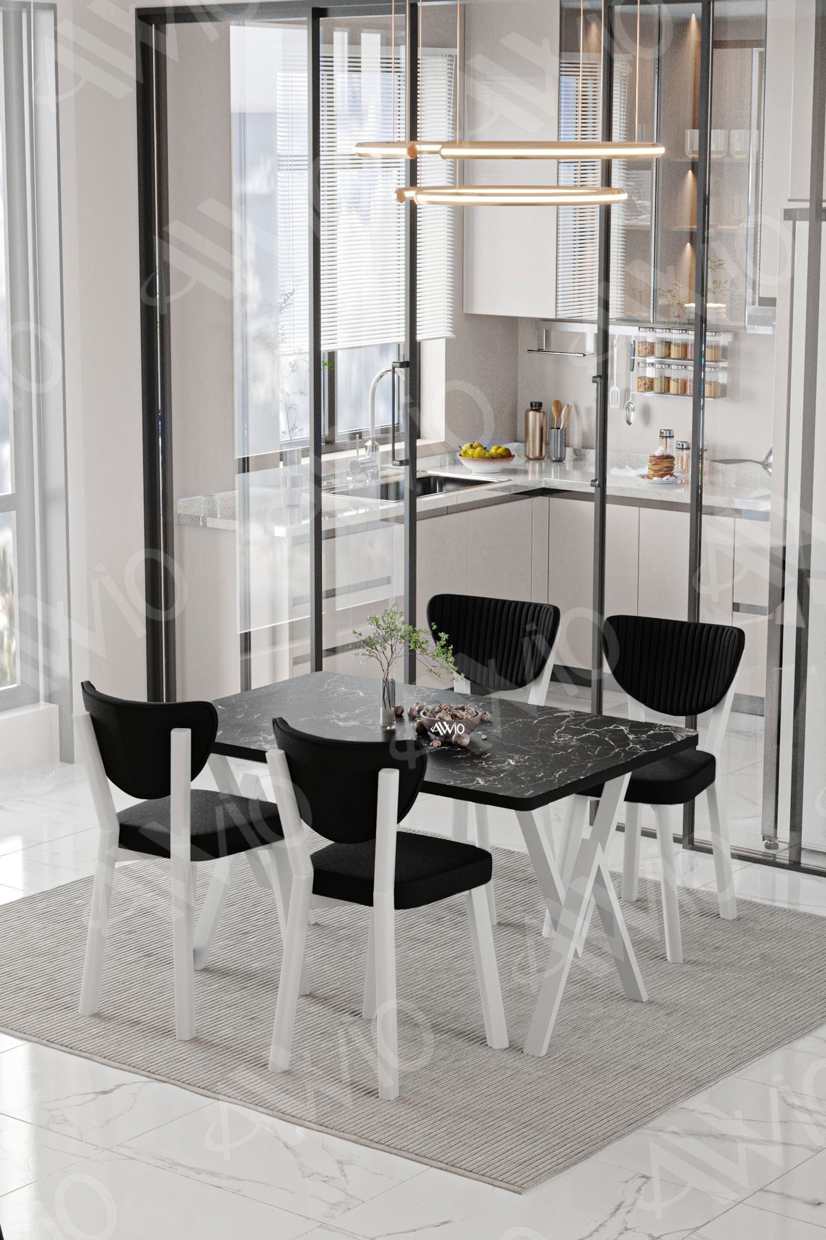Senta Beyaz Elma Sandalye 80x120 Yemek Masası Mutfak Masası 4 Kişilik Masa Sandalye Takımı Siyah Mermer
