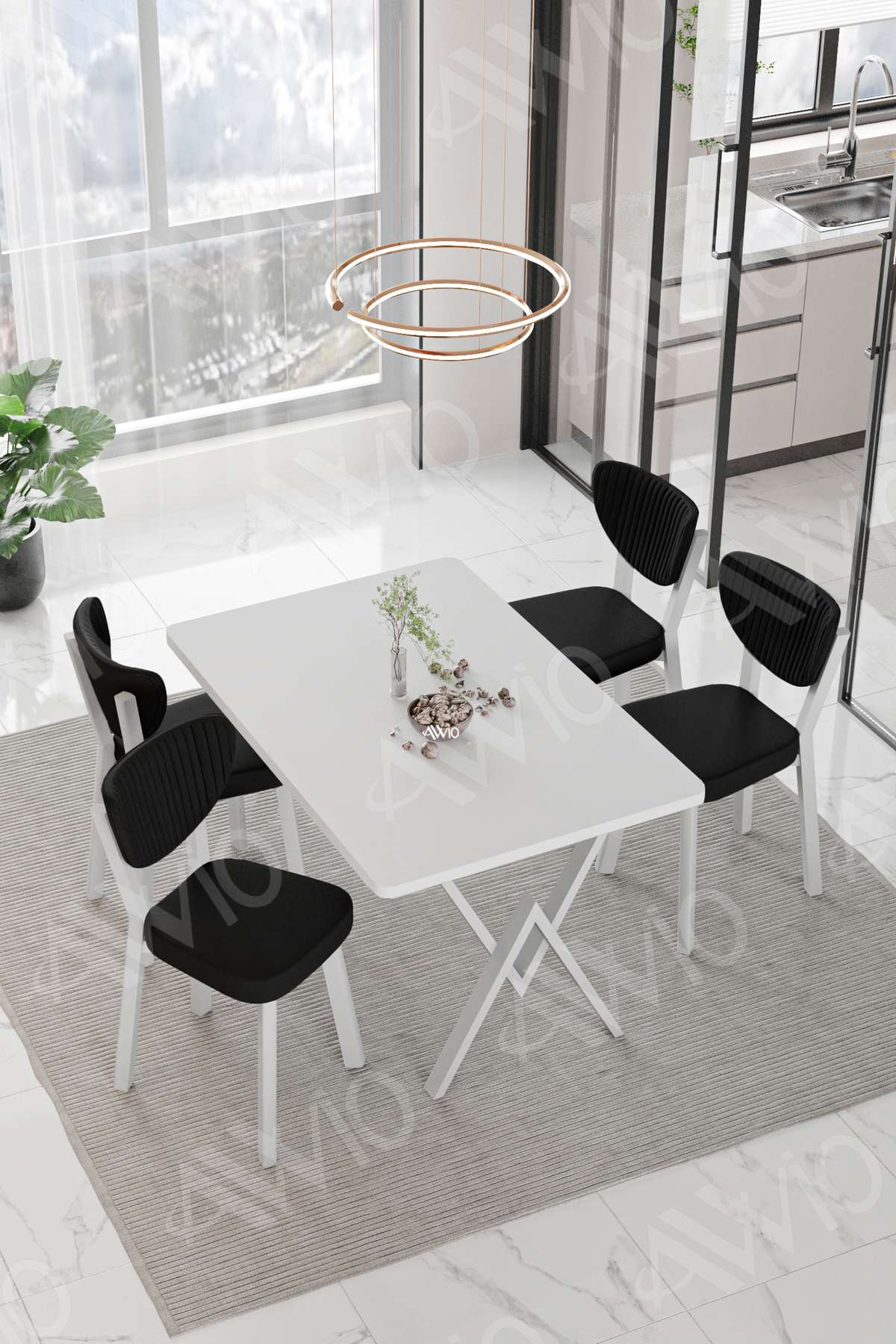 Senta Beyaz Elma Sandalye 80x120 Yemek Masası Mutfak Masası 4 Kişilik Masa Sandalye Takımı Beyaz