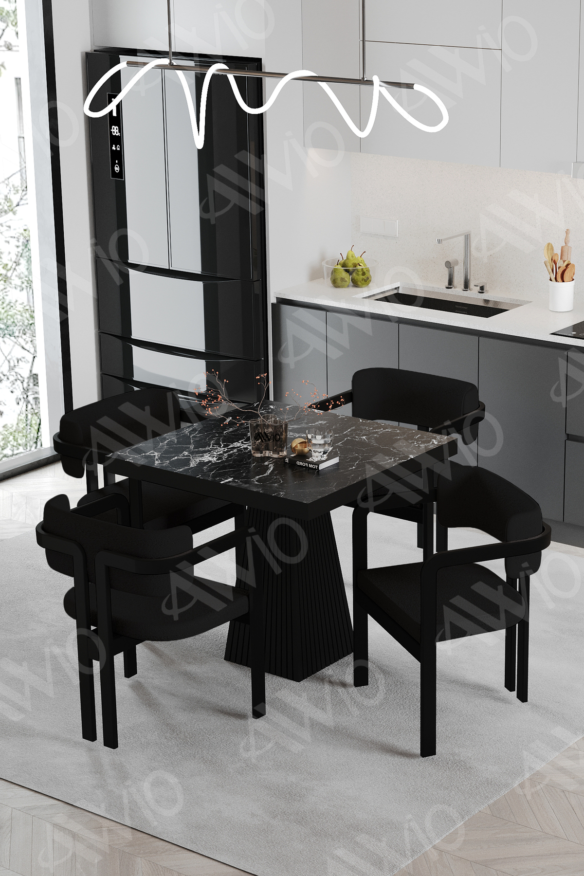 Sirius Lake MDF Ayak Tokyo Demonte Sandalye 80x80 Yemek Masası Mutfak Masası 4 Kişilik Siyah Mermer