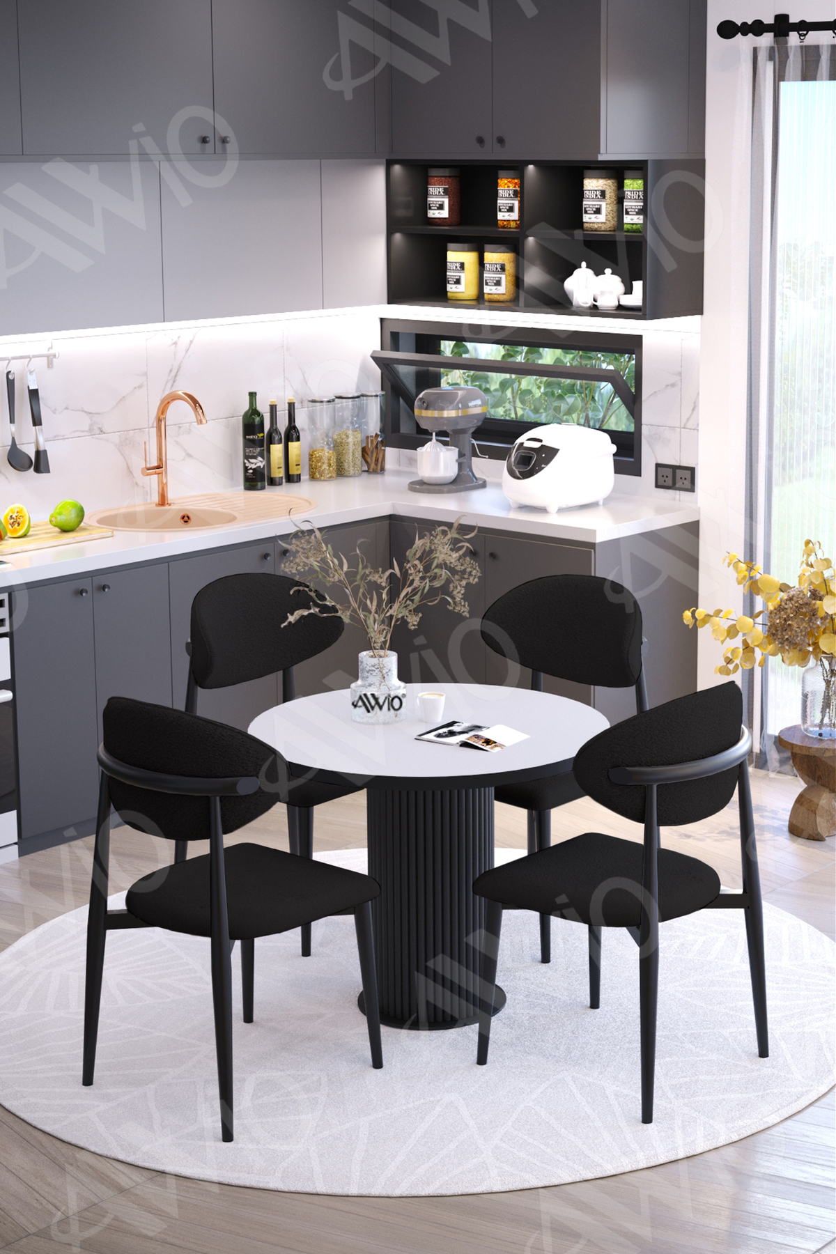 Talex Bohem Ayak Siyah Polo Metal Sandalye 90x90 Yemek Masası Mutfak Masası Masa Sandalye Takımı Beyaz