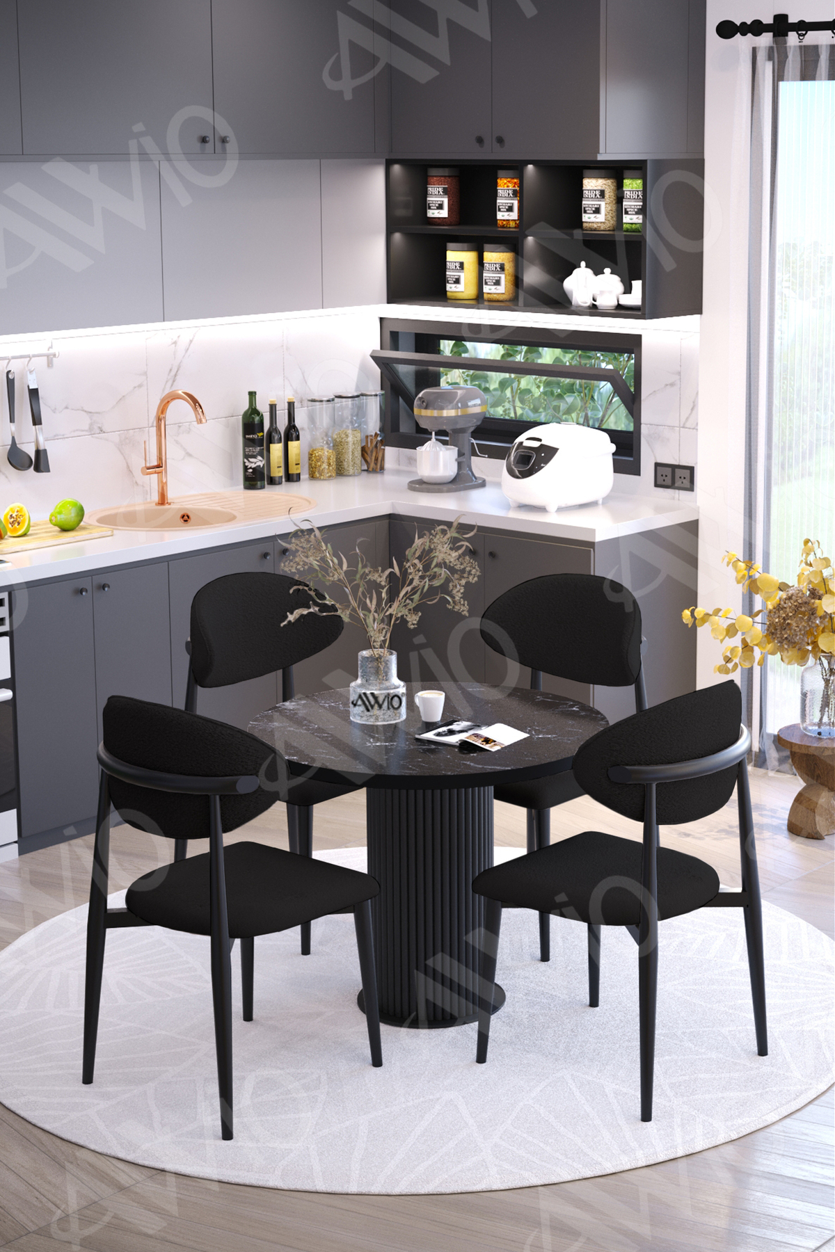 Talex Bohem Ayak Siyah Polo Sandalye 90x90 Masa Sandalye Takımı Siyah Mermer