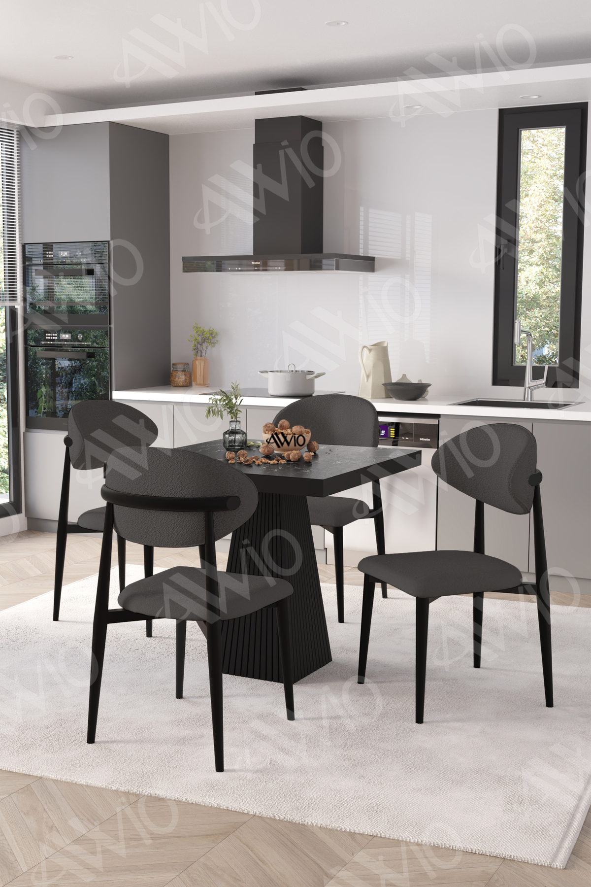 Vanessa Siyah Polo Metal Sandalye 90x90 Kare Yemek Masası Mutfak Masası Masa Sandalye Takımı Siyah Mermer