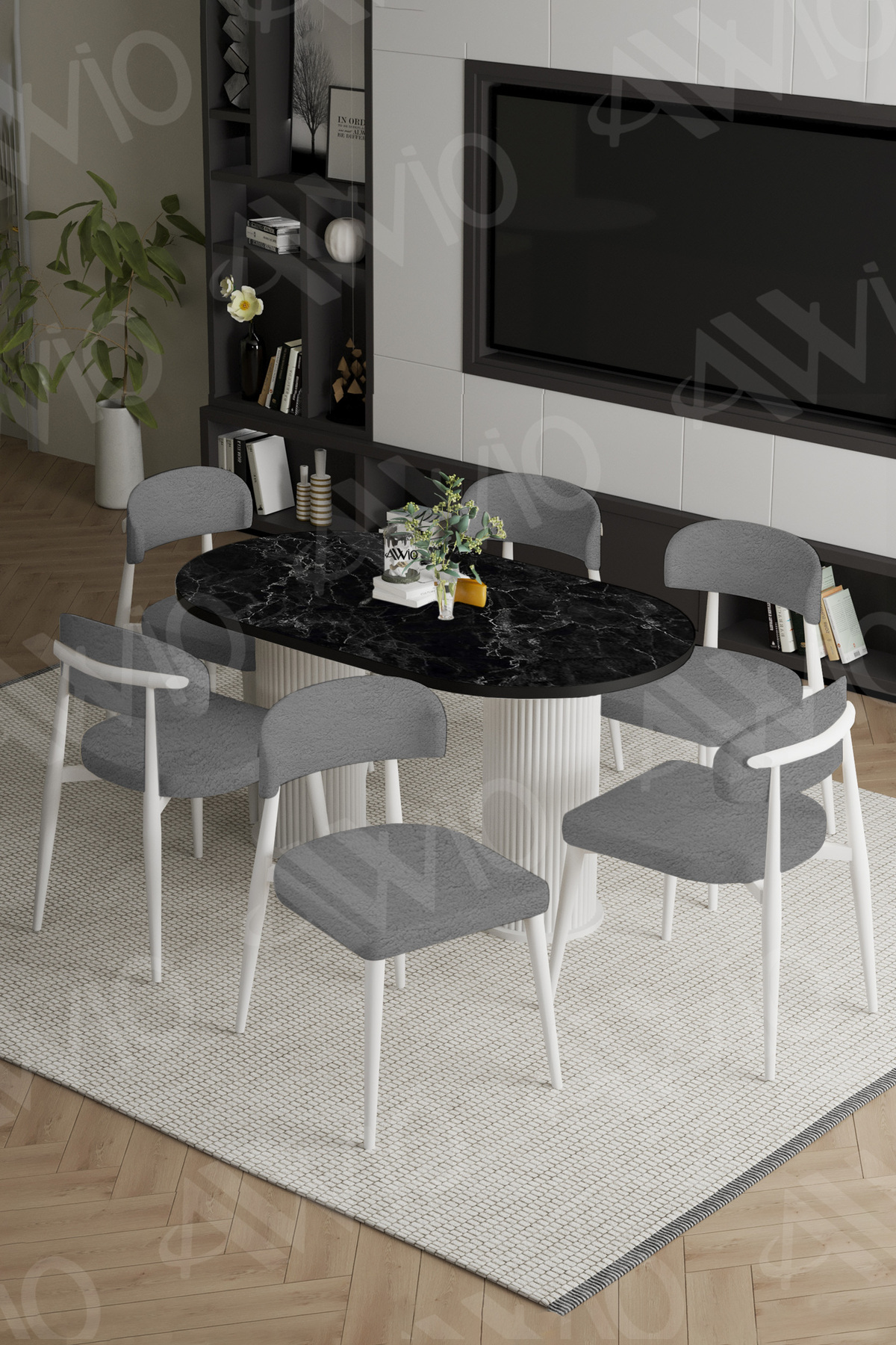 Vermond Bohem Ayak Beyaz Polo Sandalye 80x160 Mutfak Masa Sandalye Takımı Siyah Mermer