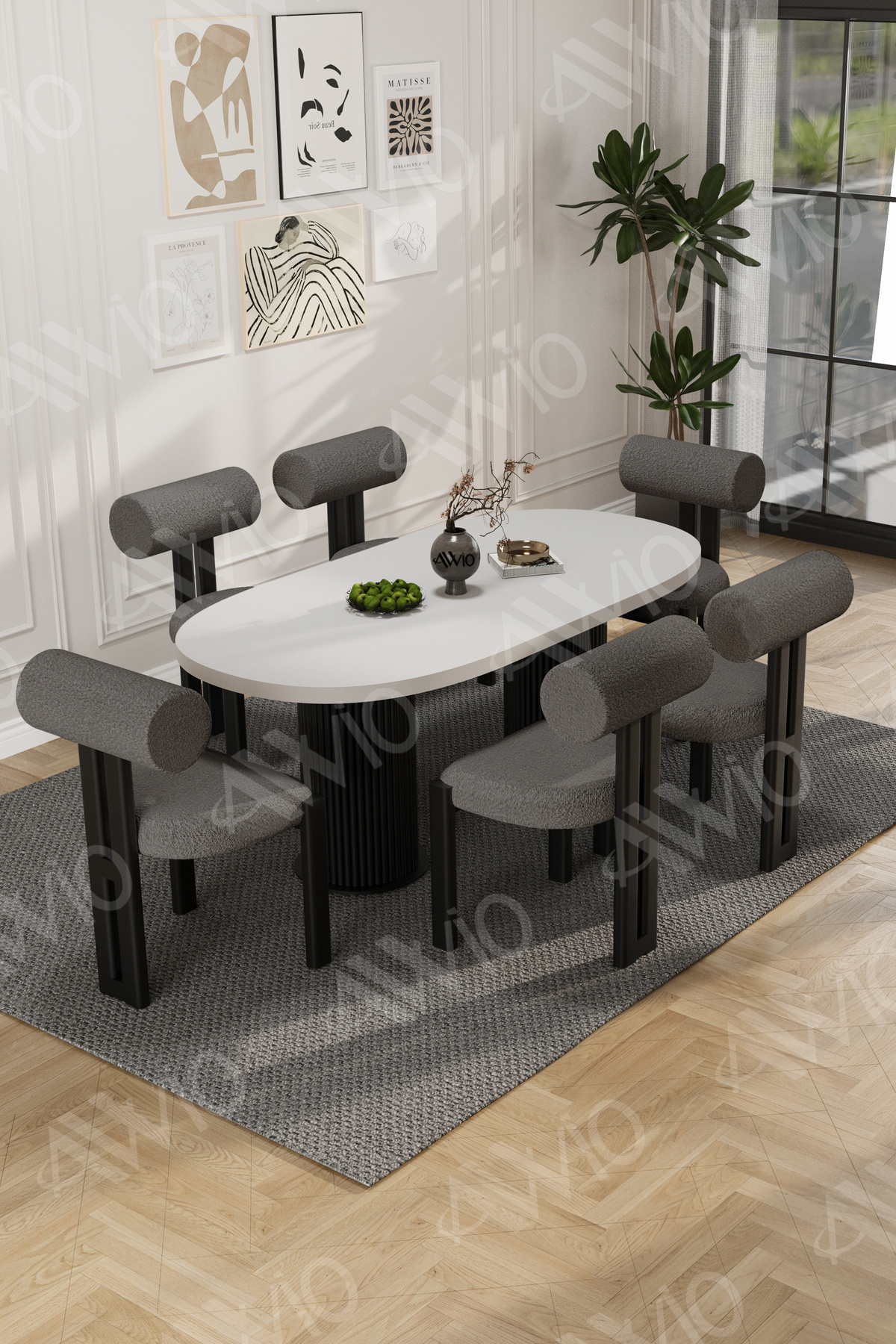 Verona Bohem Ayak 6'lı Metal Pofi Demonte Sandalye 80x160 Masa Sandalye Takımı Beyaz Masa Sandalye Siyahkumaş Antrasit Gri