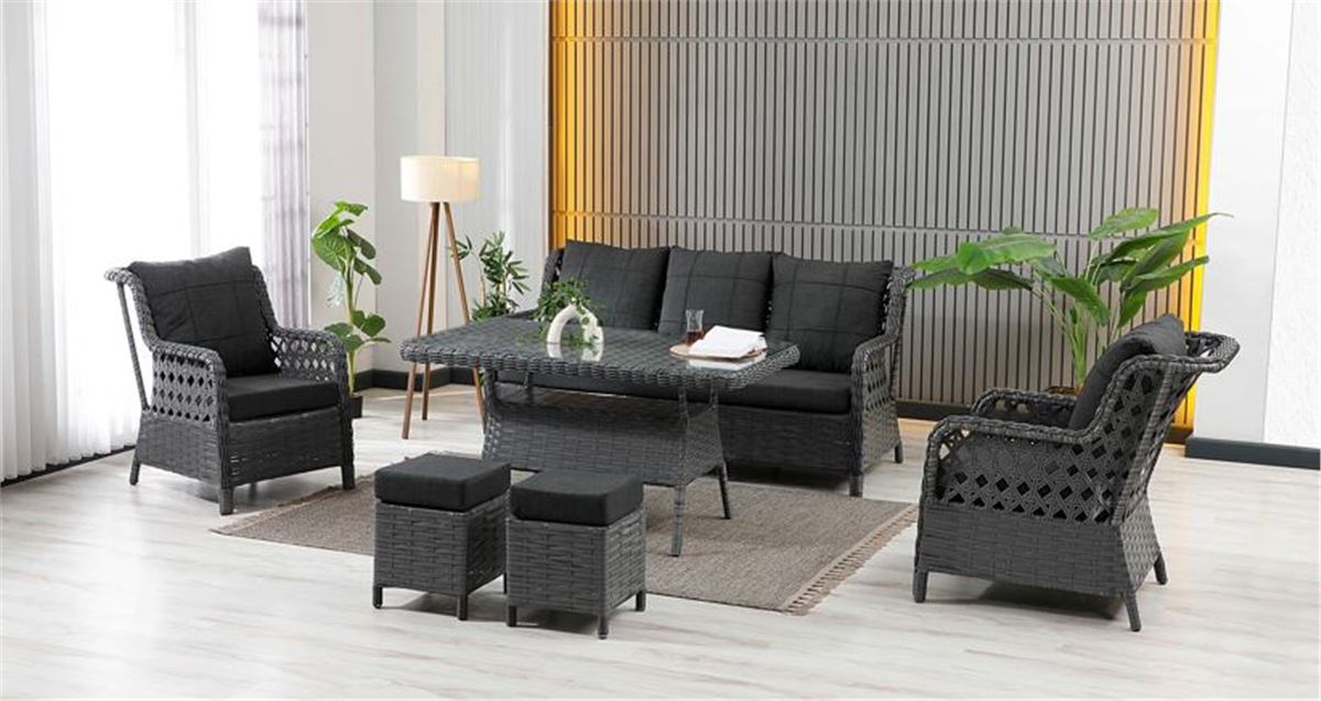 Vilza Rattan Set 3+1+1 2Puf Antrasit Zgz