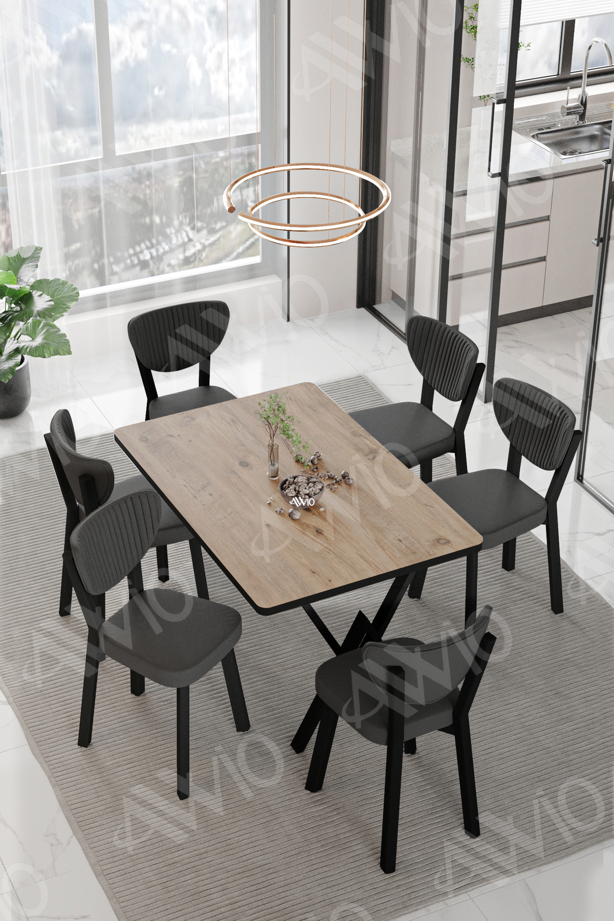 Vina Elma Sandalye 80x140 Yemek Masası Mutfak Masası 6 Kişilik Masa Sandalye Takım Akça