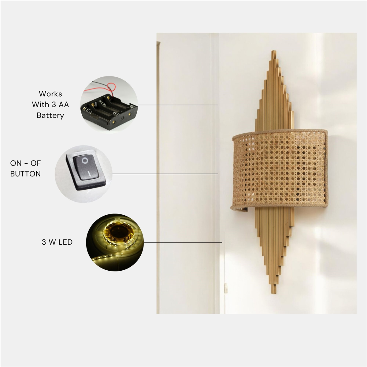 Yeni Aslı Pilli Eskitme Oval Rattan Abajurlu Aplik 