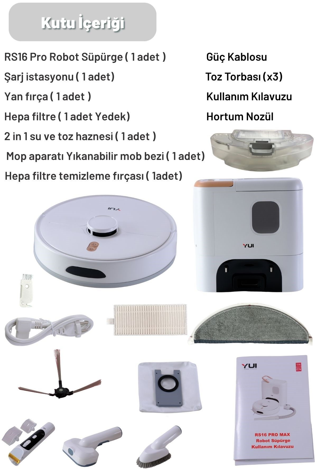 Yui RS16 Pro Max 15.000 Pa Pet Kit Akıllı Robot Vacuum & Mop Süpürge Beyaz