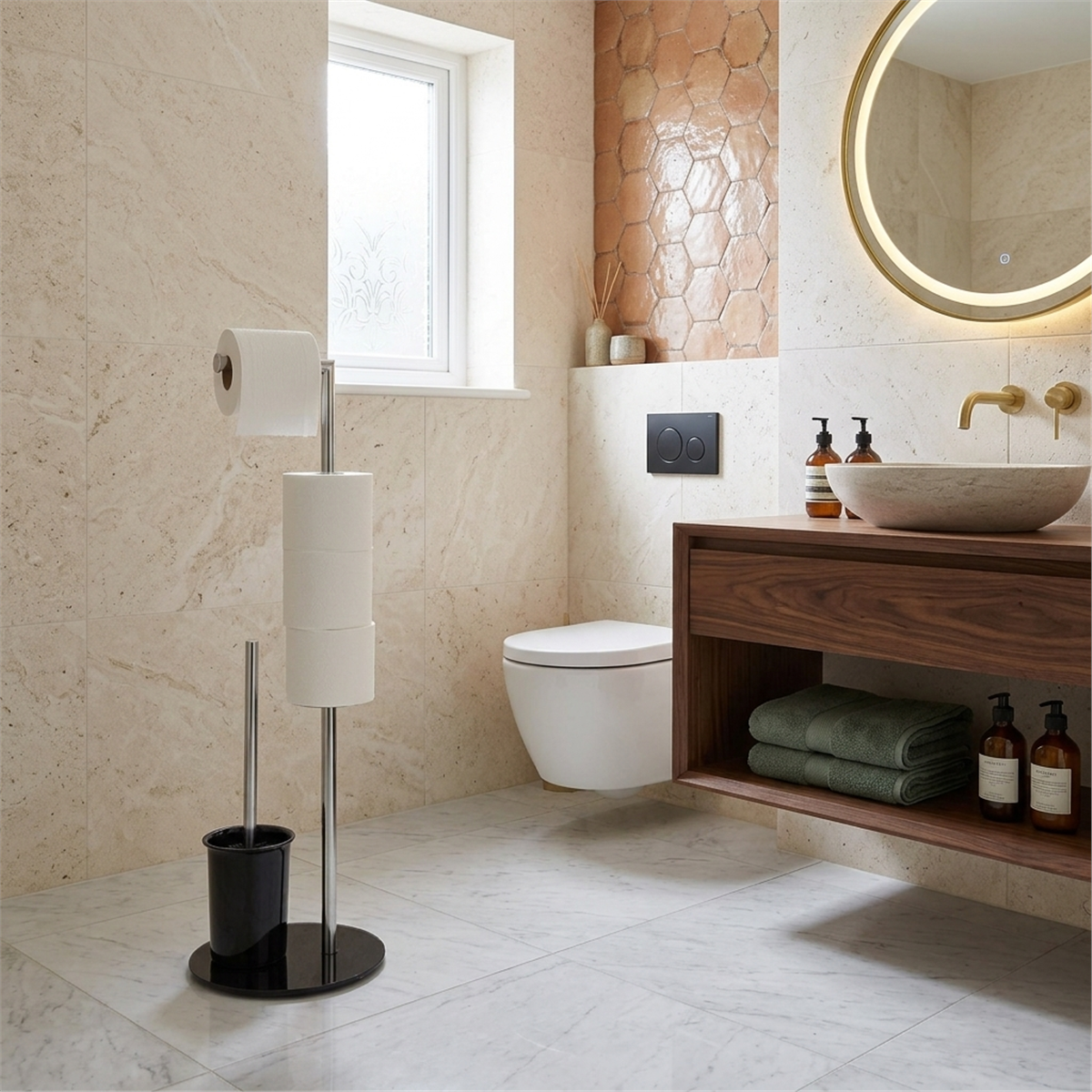 Zen Home Ayaklı Kağıtlık Ve Fırça Seti Cam - Pm1201Tb