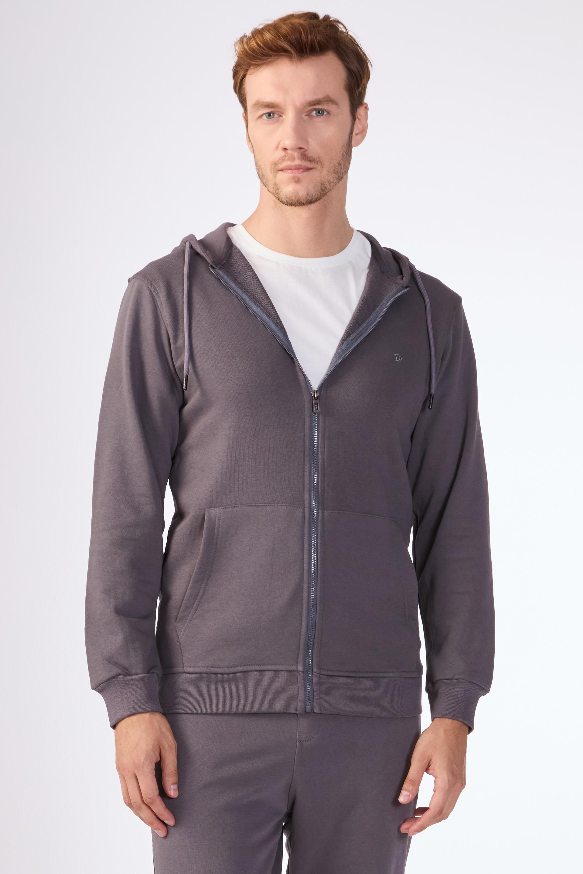 Antrasit Fermuar Kapamalı Kapüşonlu Erkek Regular Fit Sweatshirt