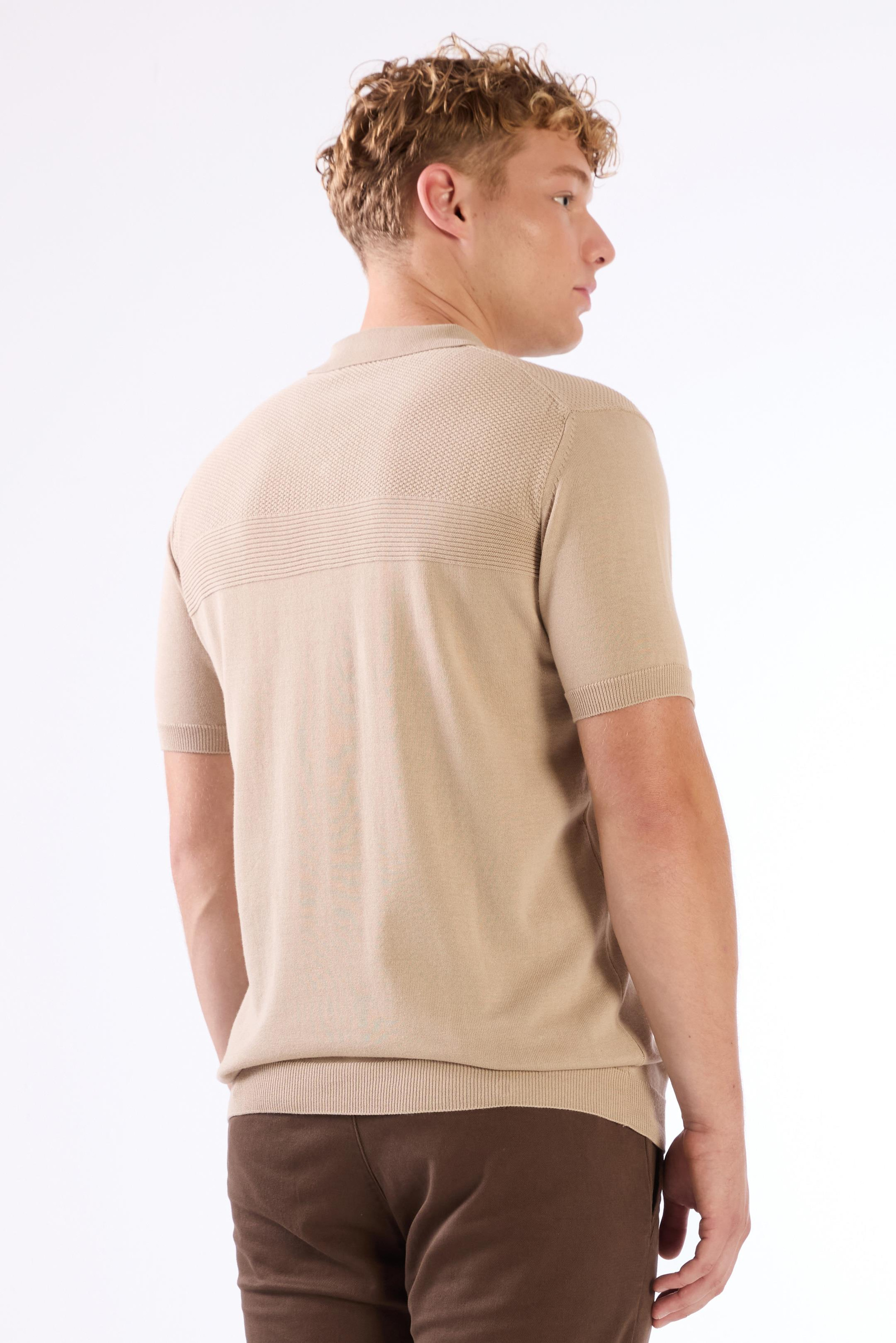 Bej Fermuarlı Polo Yaka Kısa Kollu Örgü Slim Fit Erkek Triko