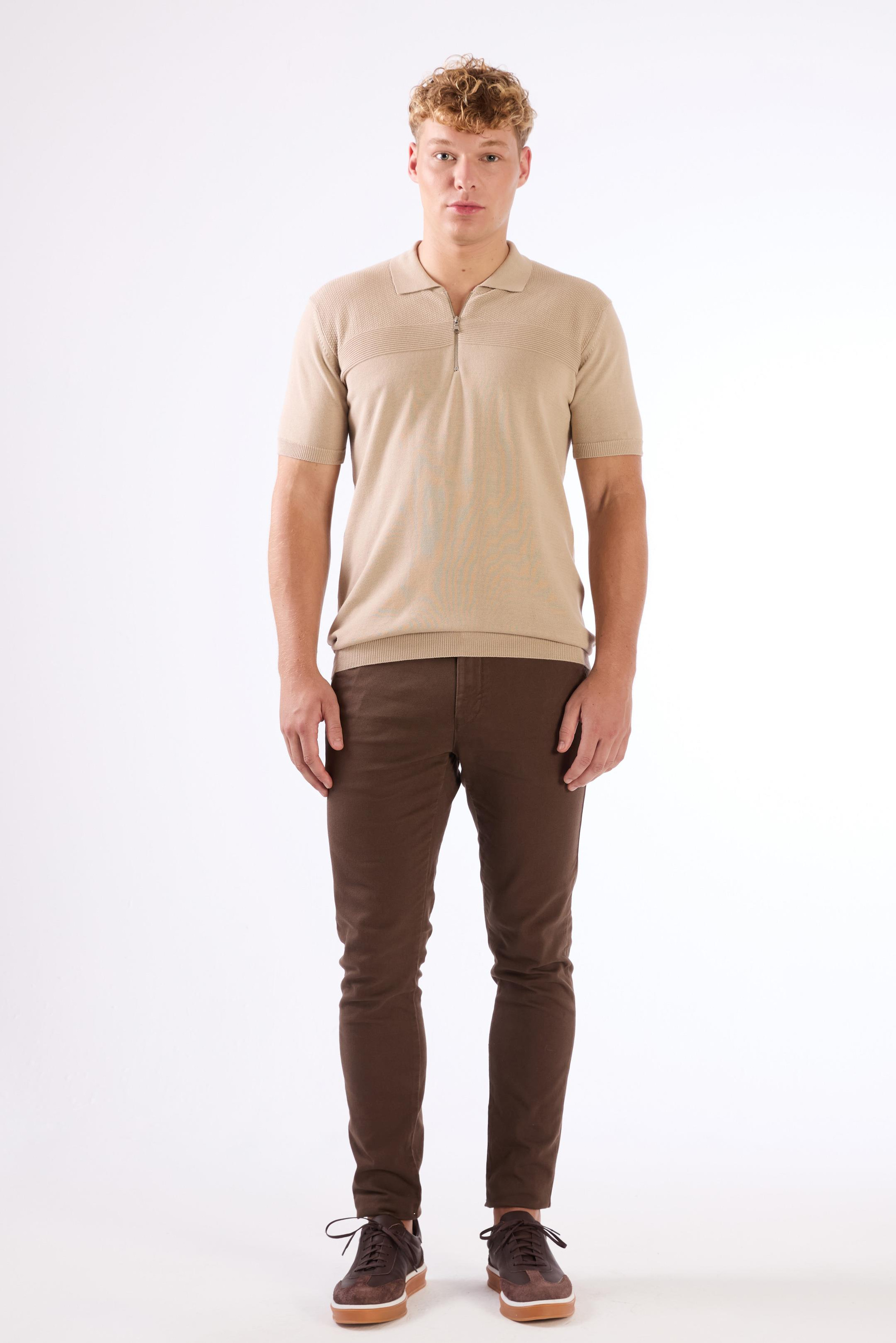 Bej Fermuarlı Polo Yaka Kısa Kollu Örgü Slim Fit Erkek Triko