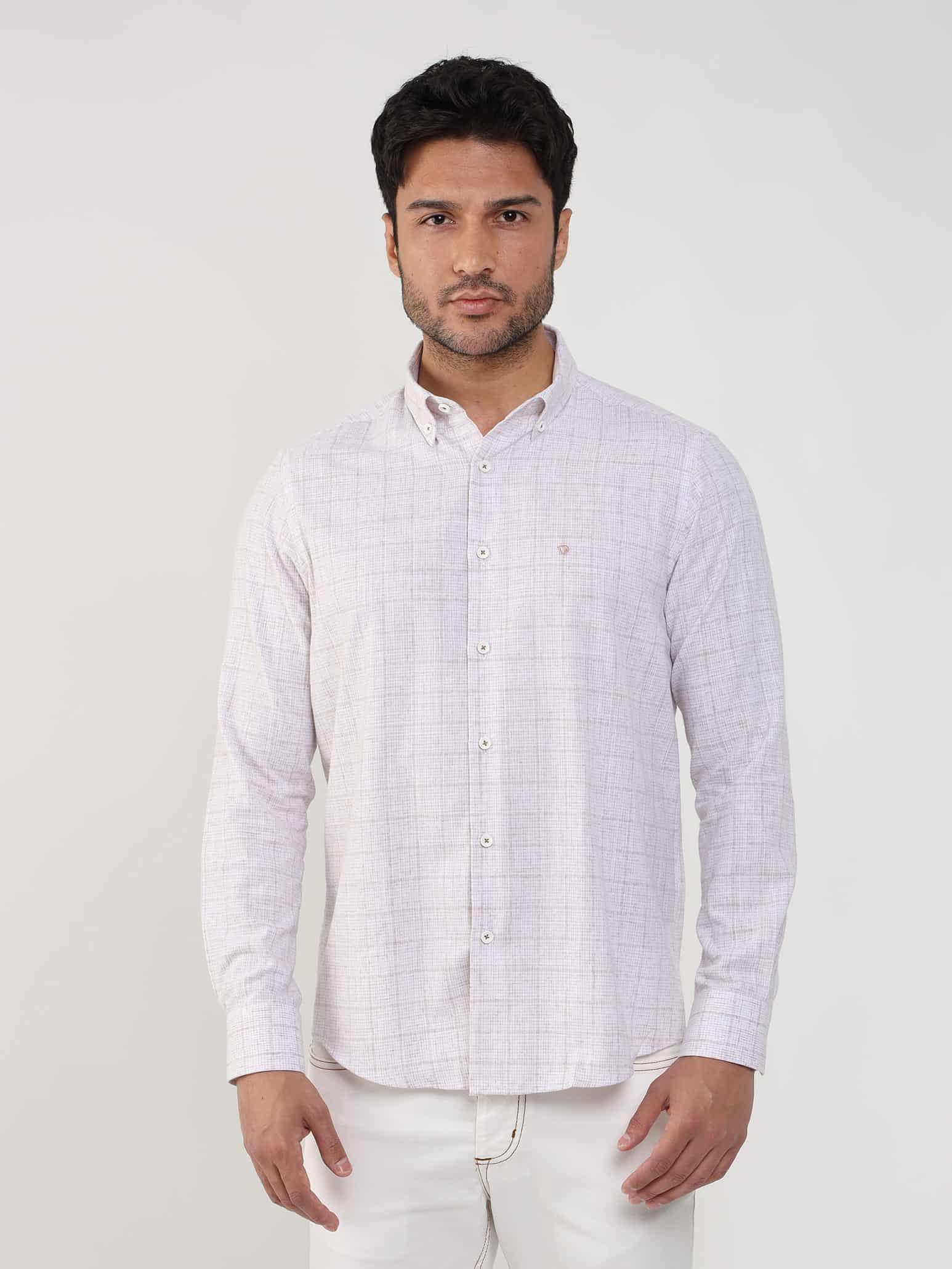 Dufy Bej Erkek Slim Fit Kareli Düğmeli Yaka Uzun Kol Gömlek - 104875