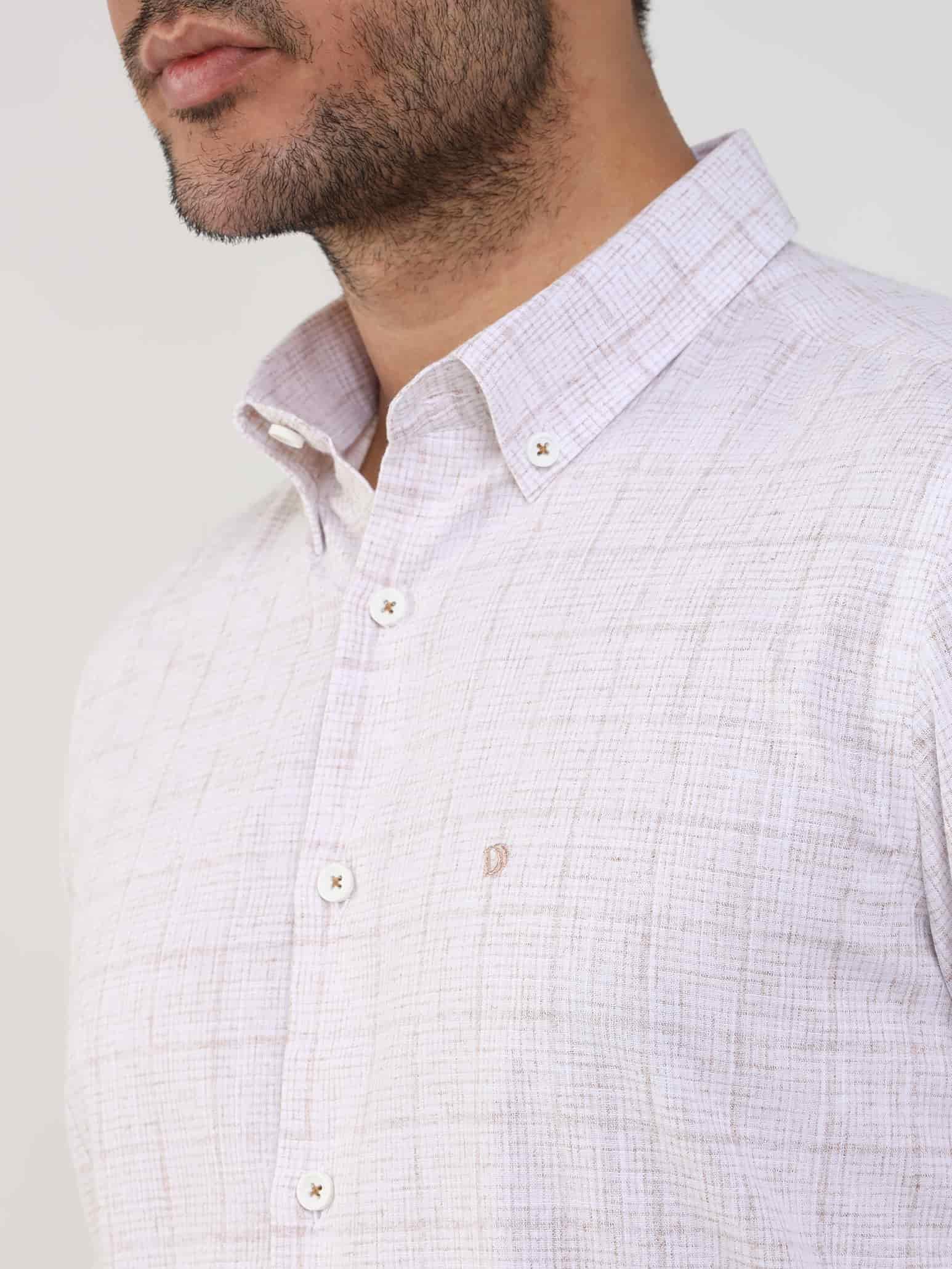 Dufy Bej Erkek Slim Fit Kareli Düğmeli Yaka Uzun Kol Gömlek - 104875