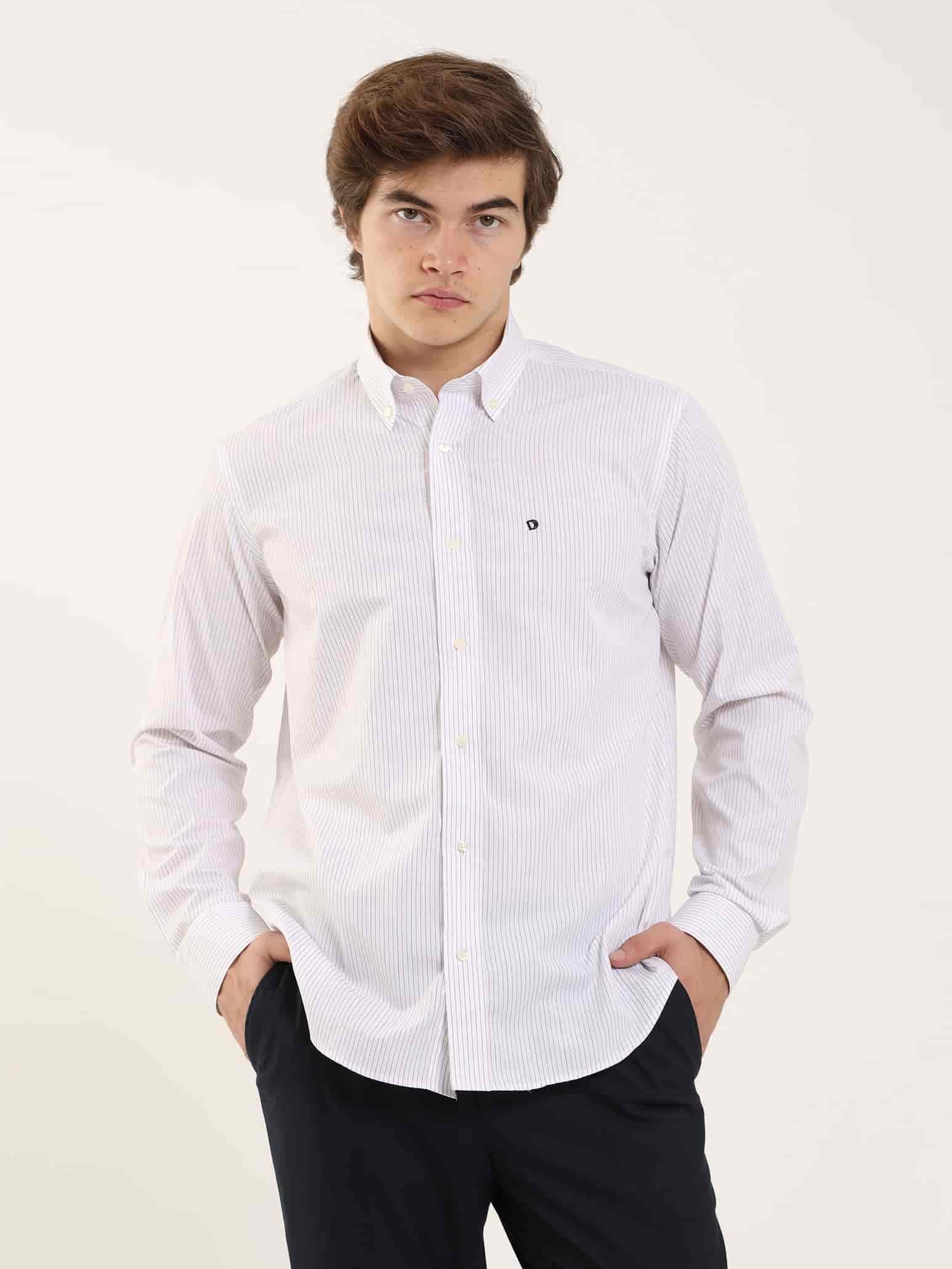 Dufy Bordo Erkek Regular Fit Çizgili Düğmeli Yaka Uzun Kol Gömlek - 97911