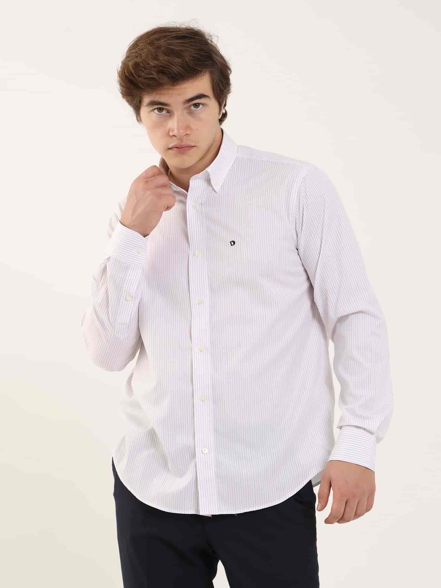 Dufy Bordo Erkek Regular Fit Çizgili Düğmeli Yaka Uzun Kol Gömlek - 97911