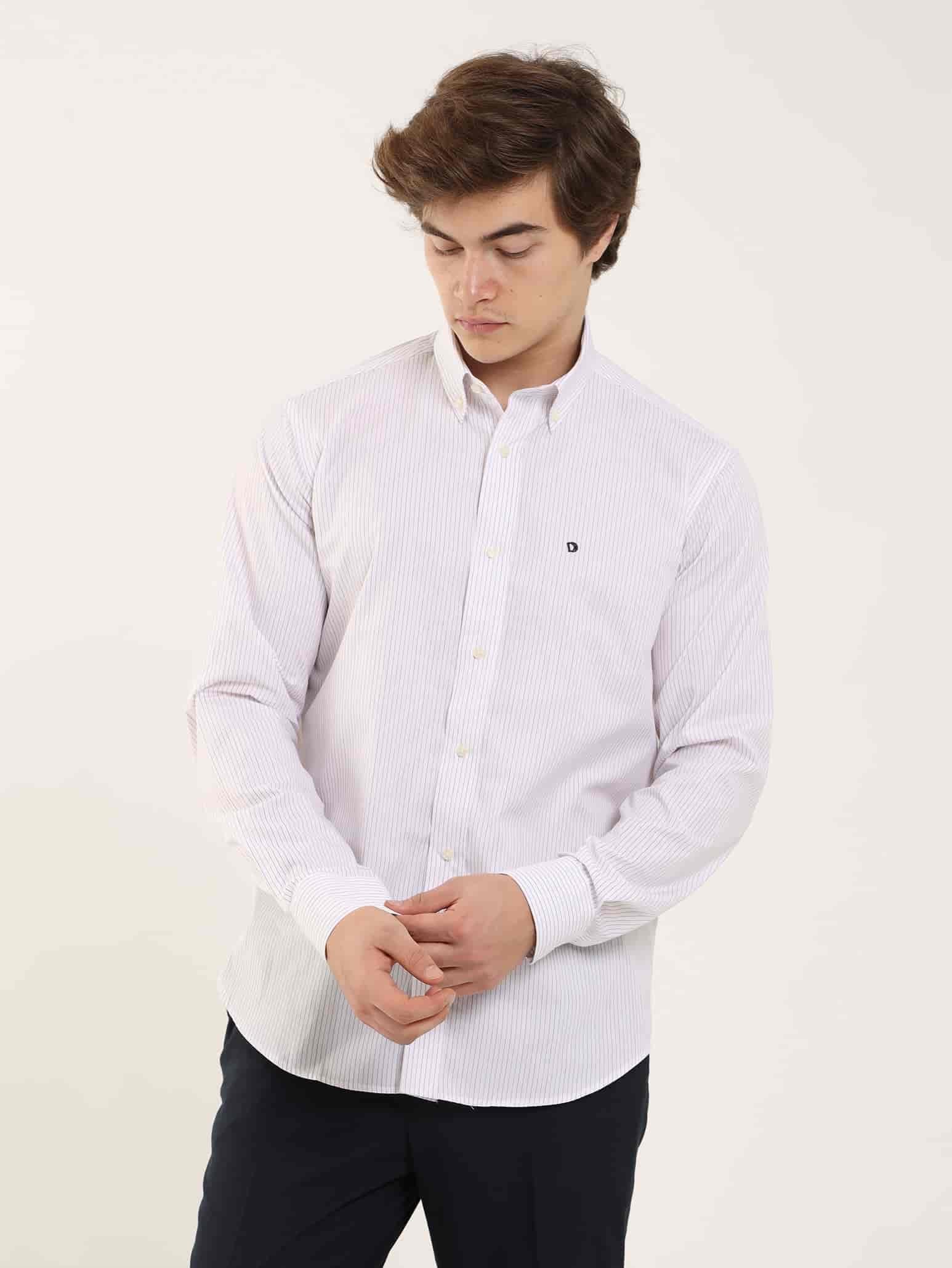 Dufy Bordo Erkek Regular Fit Çizgili Düğmeli Yaka Uzun Kol Gömlek - 97911