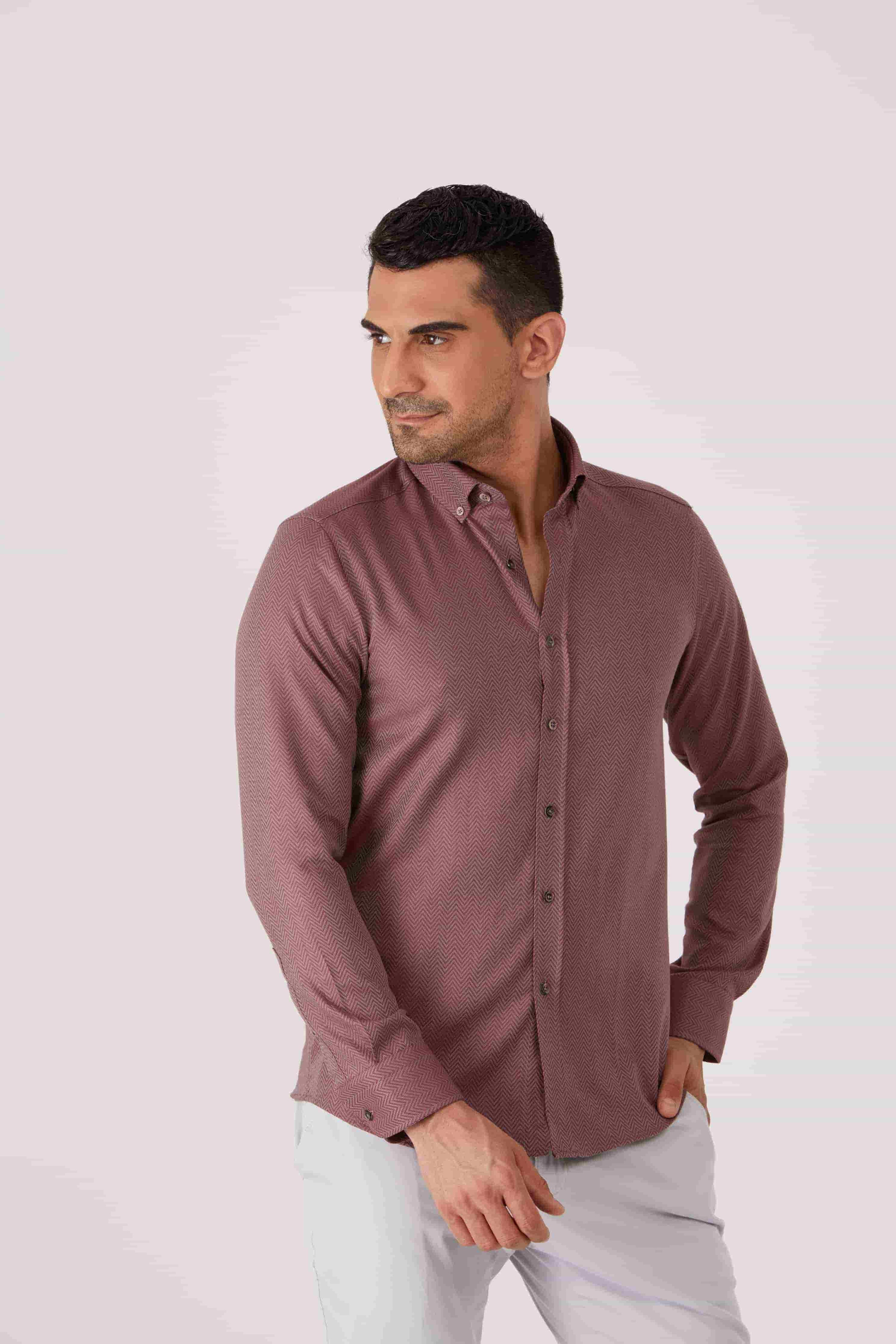 Dufy Bordo Erkek Slim Fit Desenli Brent Düğmeli Yaka Uzun Kol Gömlek - 86336