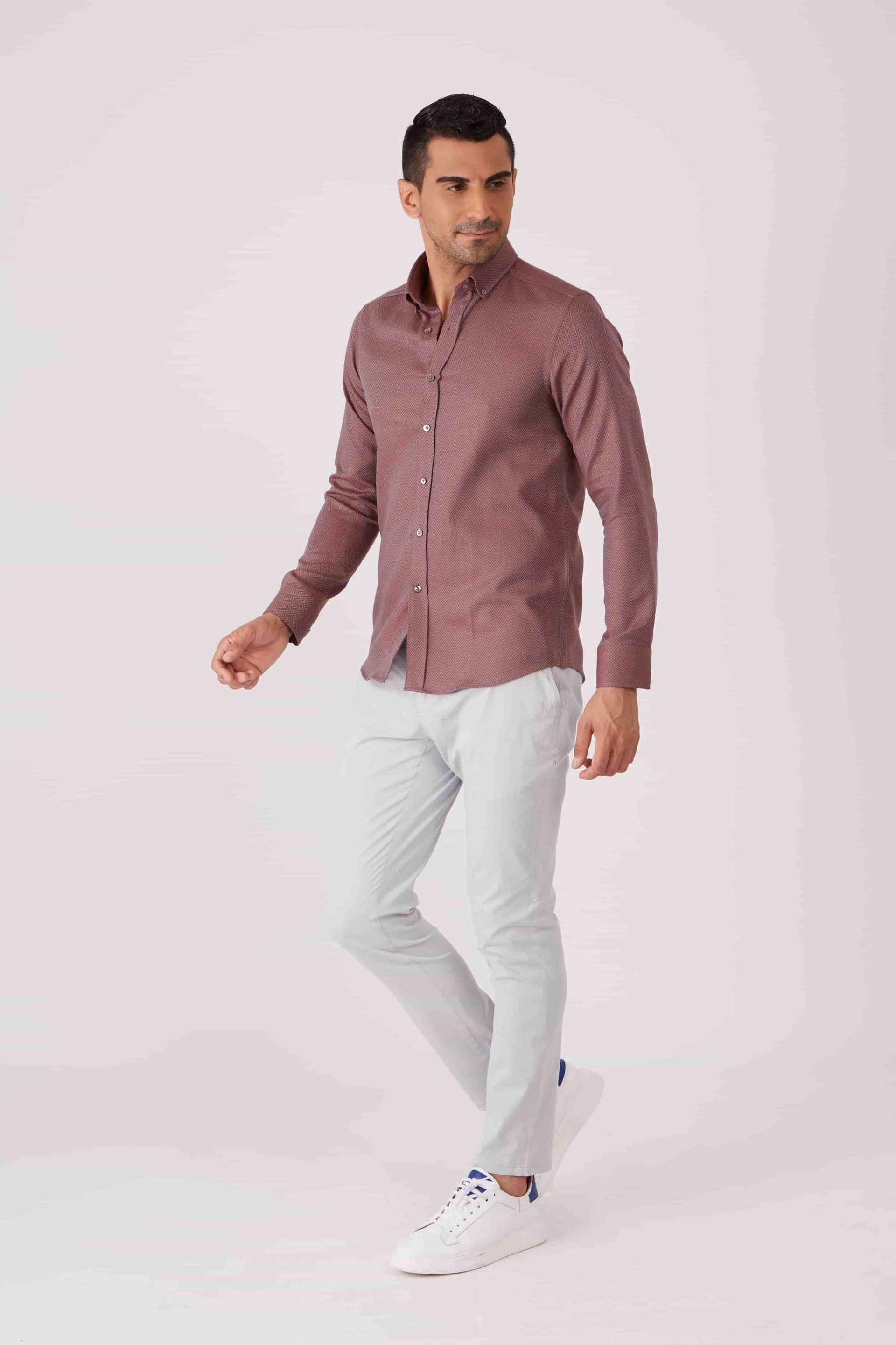 Dufy Bordo Erkek Slim Fit Desenli Brent Düğmeli Yaka Uzun Kol Gömlek - 86336