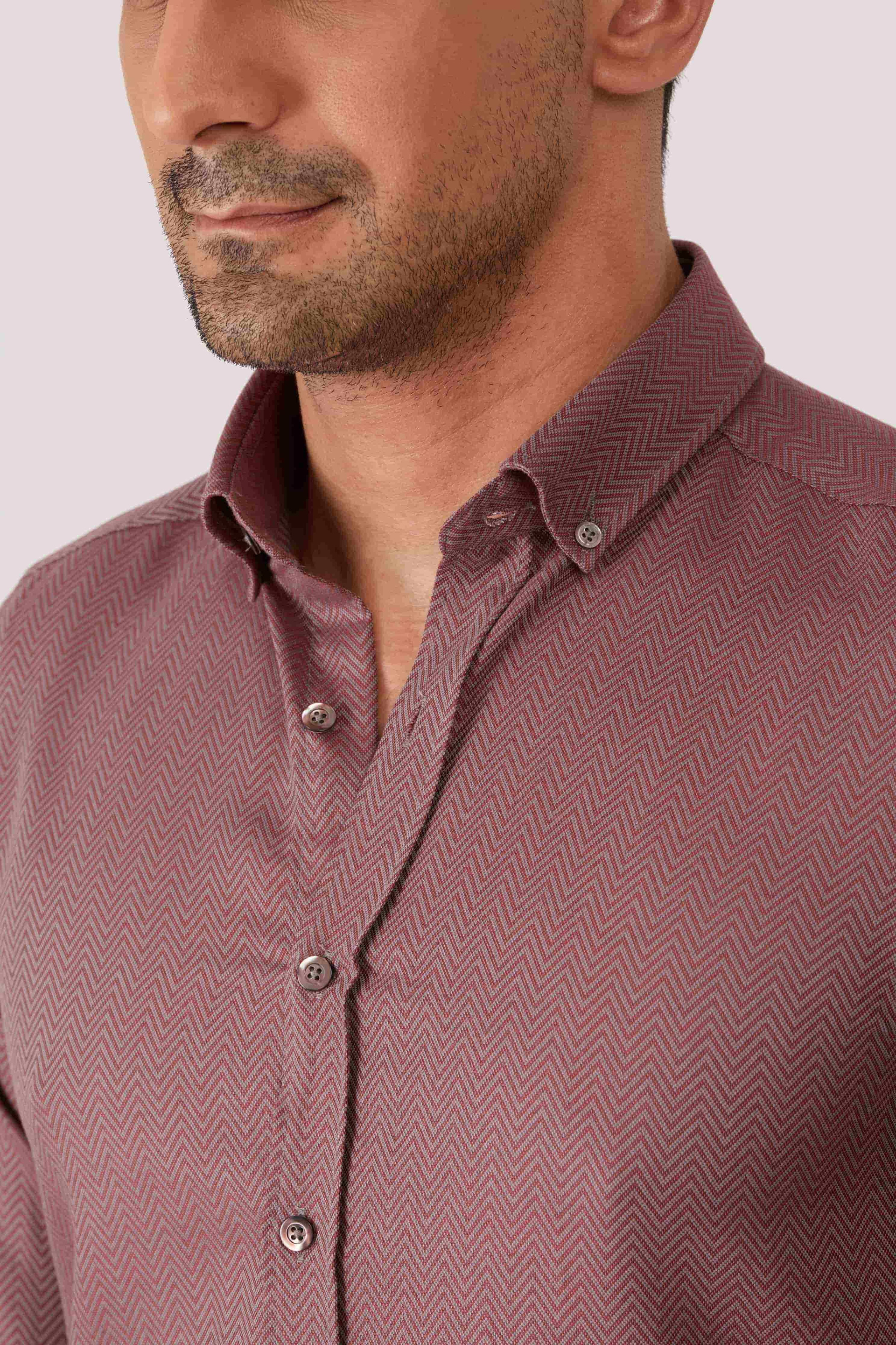 Dufy Bordo Erkek Slim Fit Desenli Brent Düğmeli Yaka Uzun Kol Gömlek - 86336