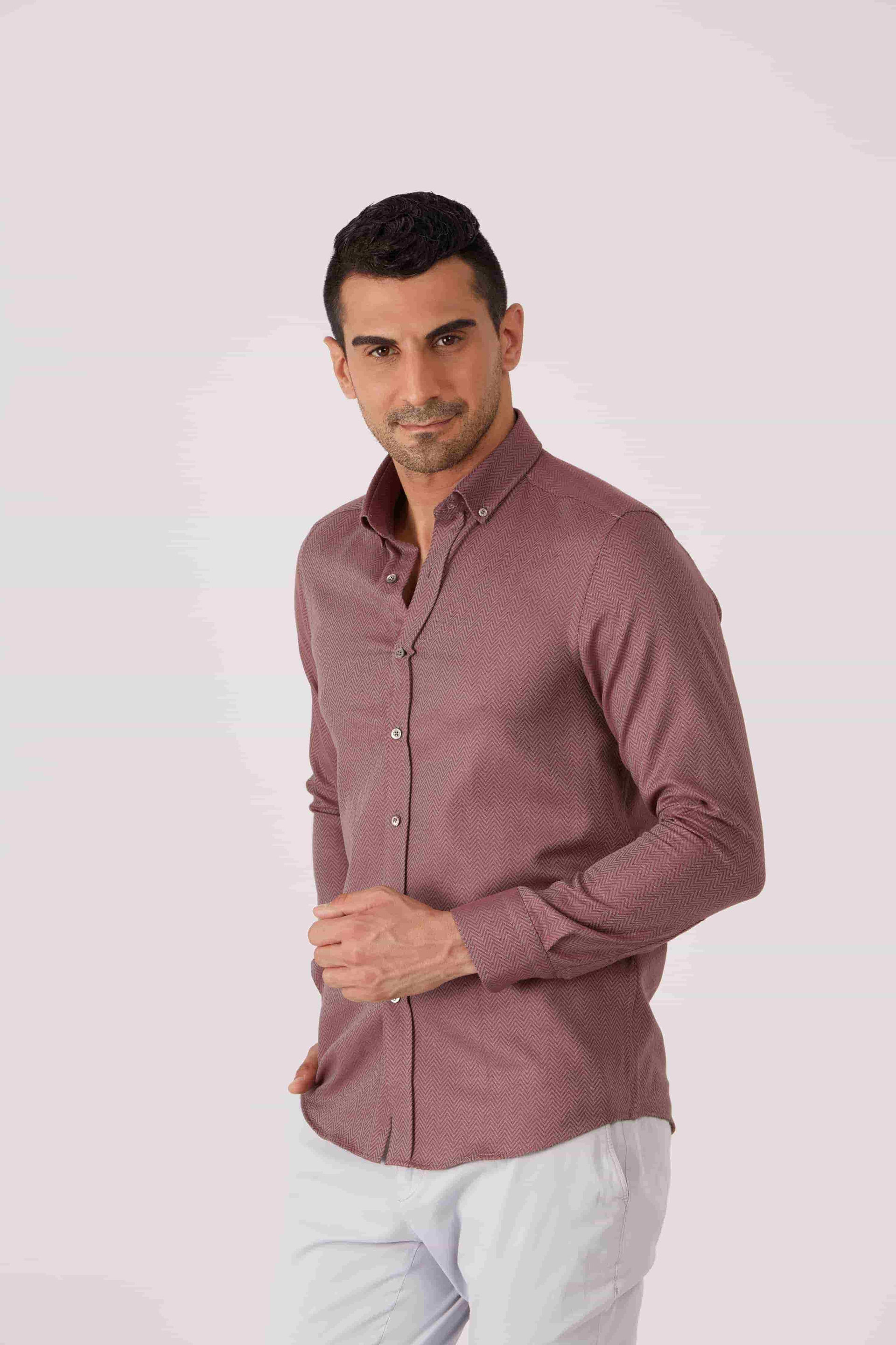 Dufy Bordo Erkek Slim Fit Desenli Brent Düğmeli Yaka Uzun Kol Gömlek - 86336