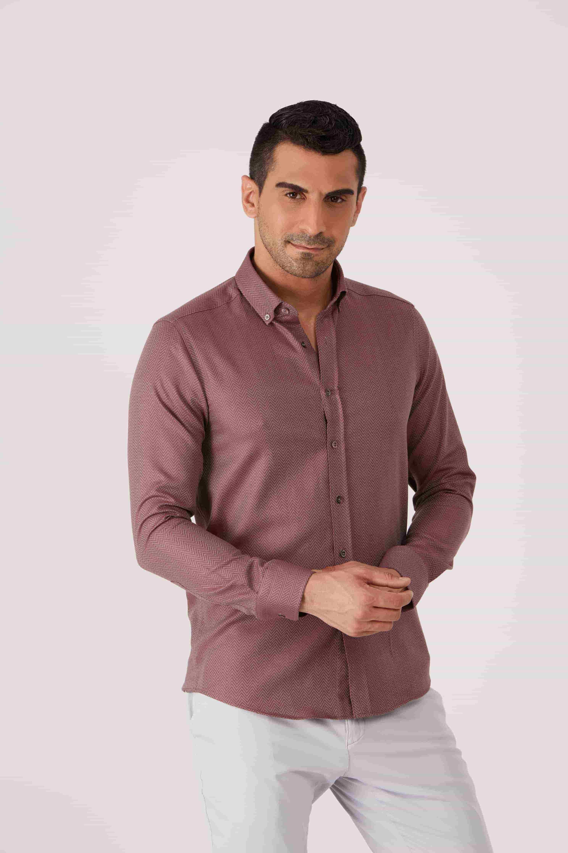Dufy Bordo Erkek Slim Fit Desenli Brent Düğmeli Yaka Uzun Kol Gömlek - 86336