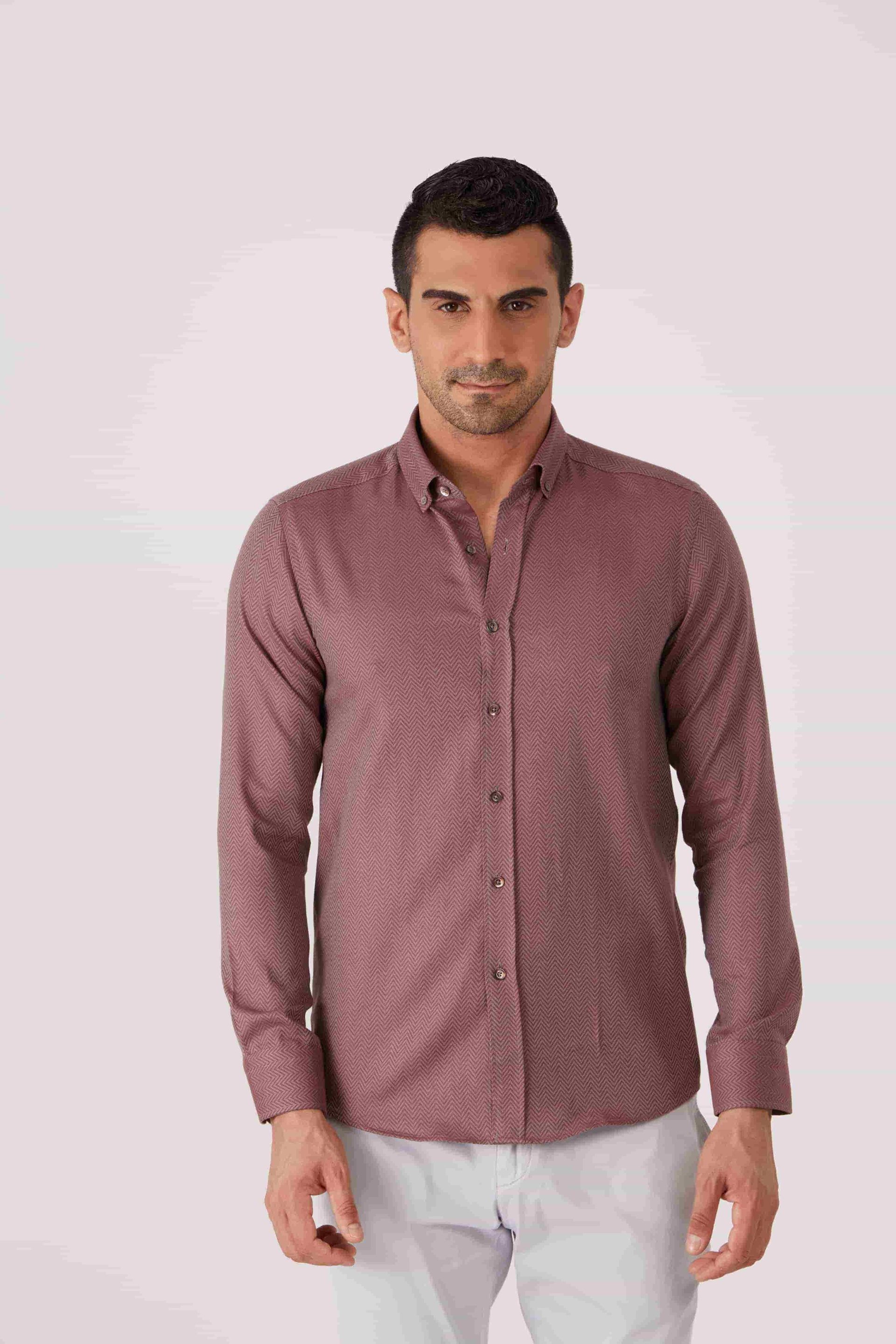 Dufy Bordo Erkek Slim Fit Desenli Brent Düğmeli Yaka Uzun Kol Gömlek - 86336