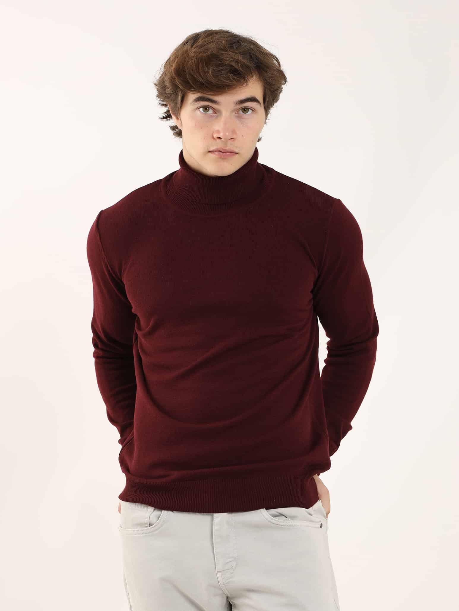 Dufy Bordo Erkek Slim Fit Düz Klasik Tam Balıkçı Yaka Kazak - 91062