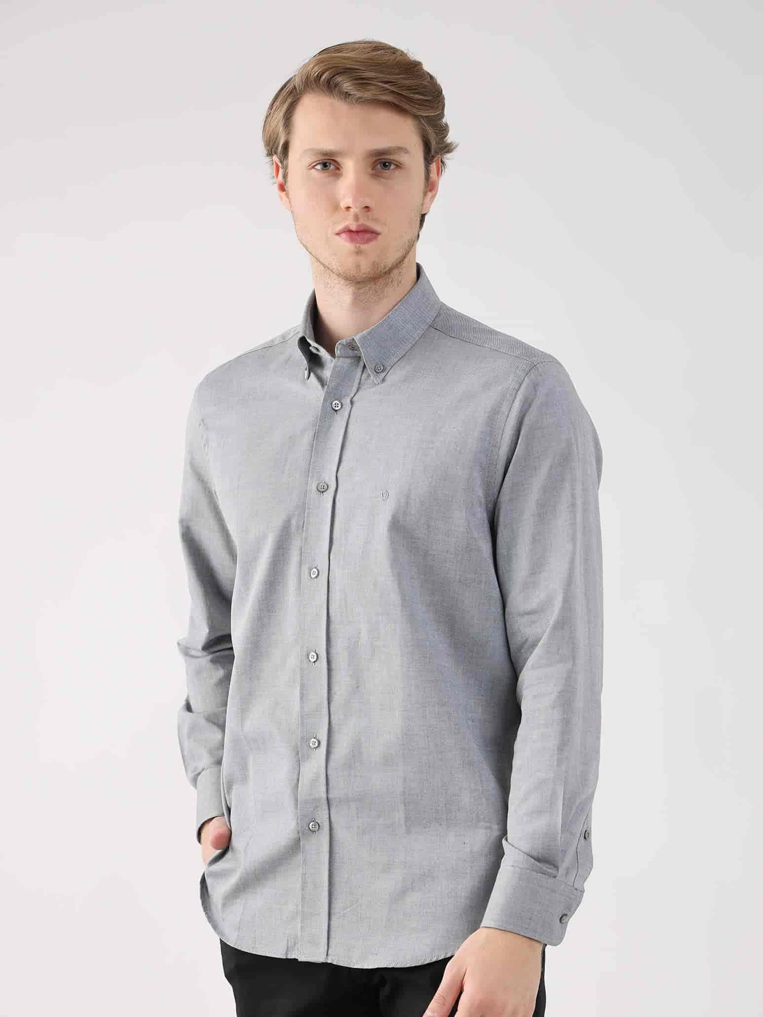 Dufy Gri Erkek Regular Fit Oxford Brent Düğmeli Yaka Uzun Kol Gömlek - 94872