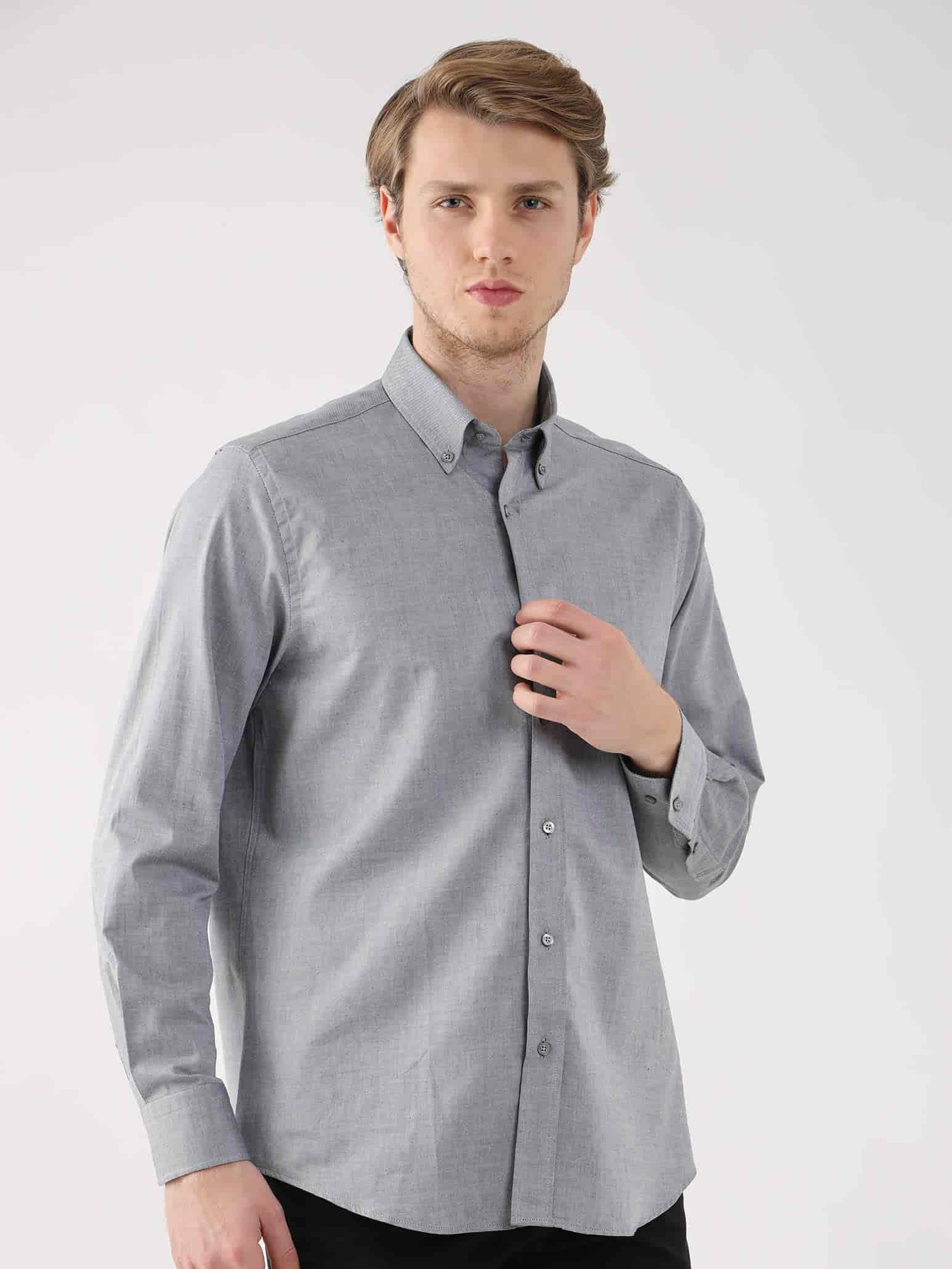 Dufy Gri Erkek Regular Fit Oxford Brent Düğmeli Yaka Uzun Kol Gömlek - 94872