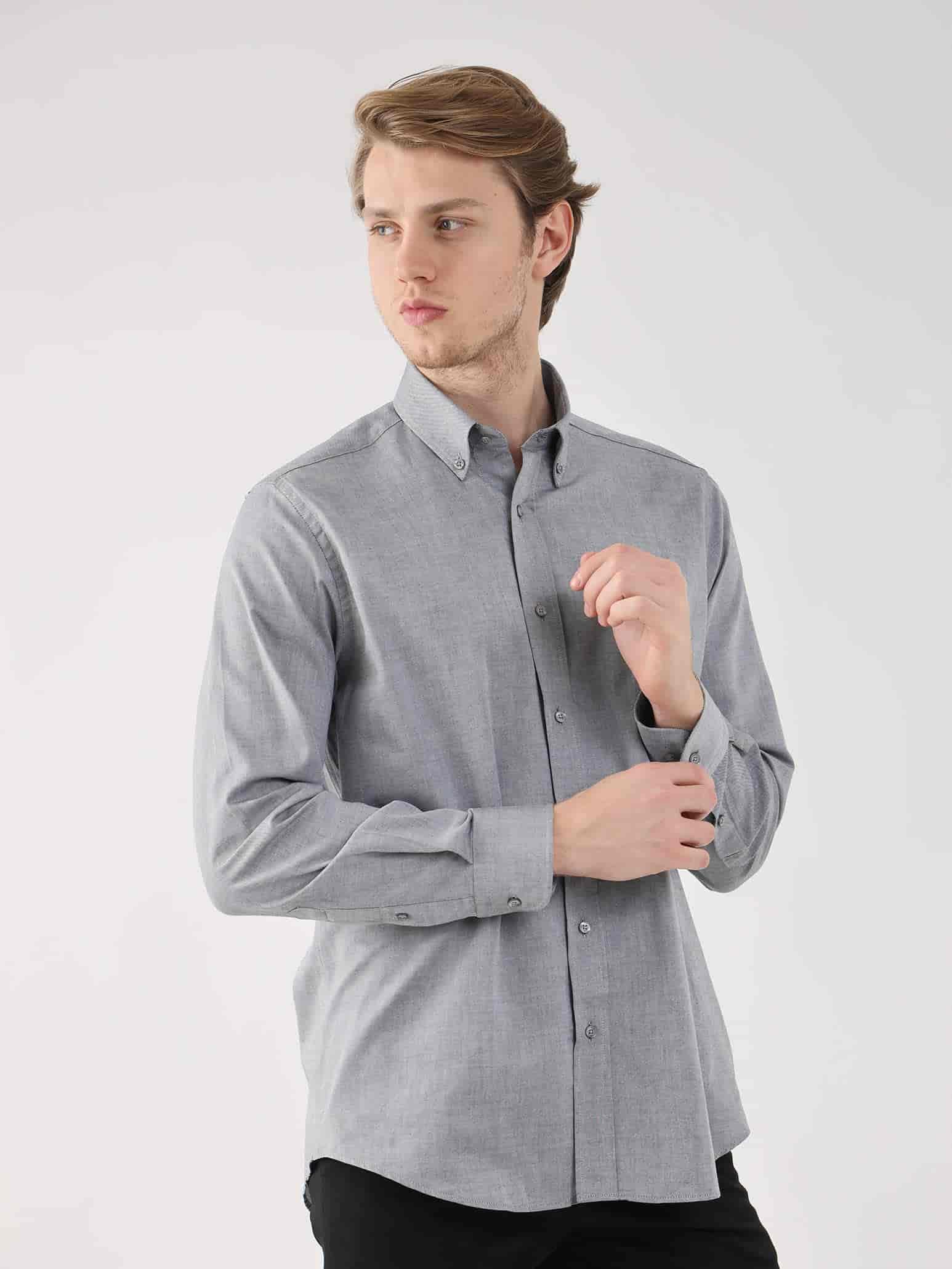 Dufy Gri Erkek Regular Fit Oxford Brent Düğmeli Yaka Uzun Kol Gömlek - 94872