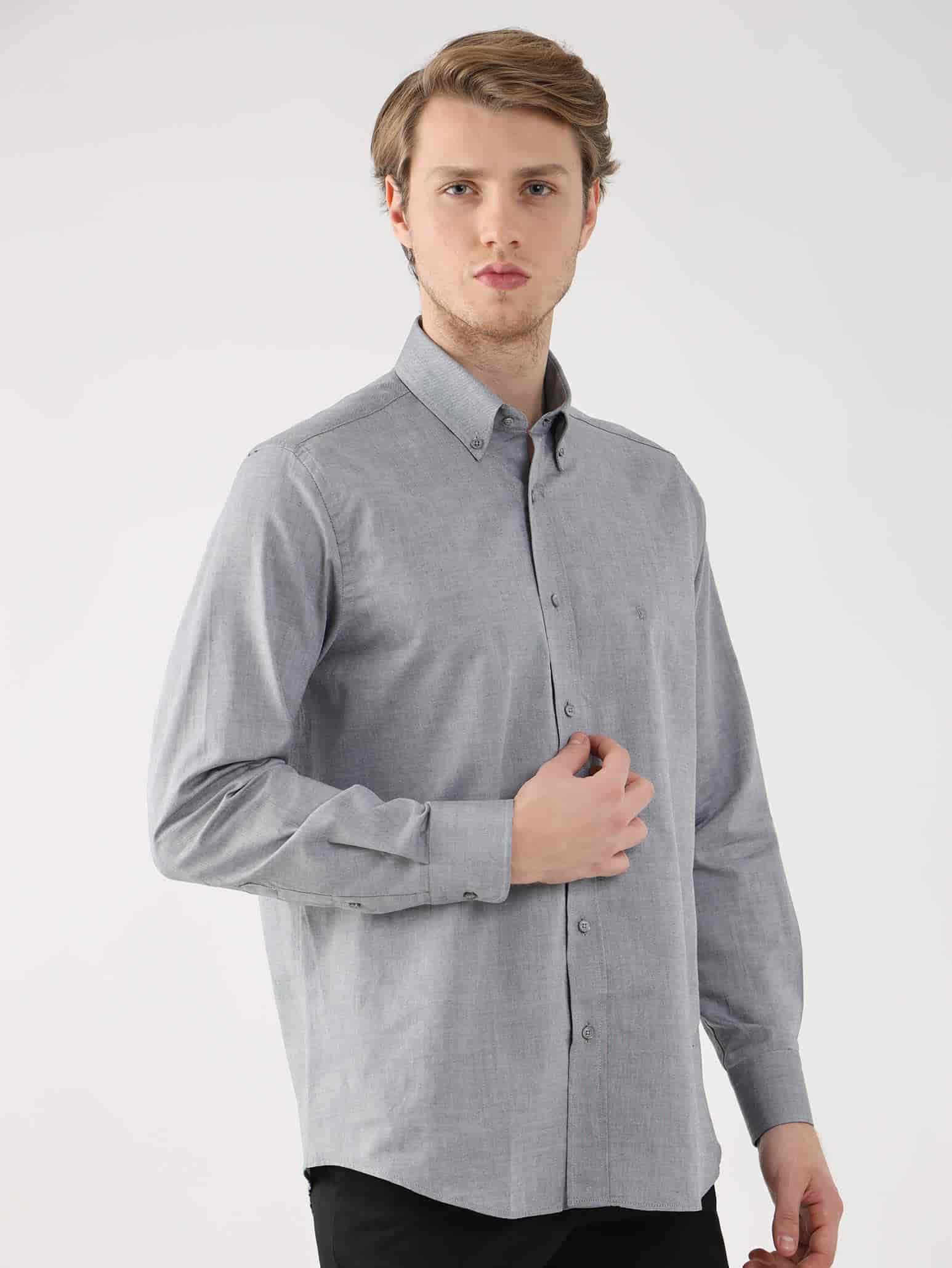 Dufy Gri Erkek Regular Fit Oxford Brent Düğmeli Yaka Uzun Kol Gömlek - 94872