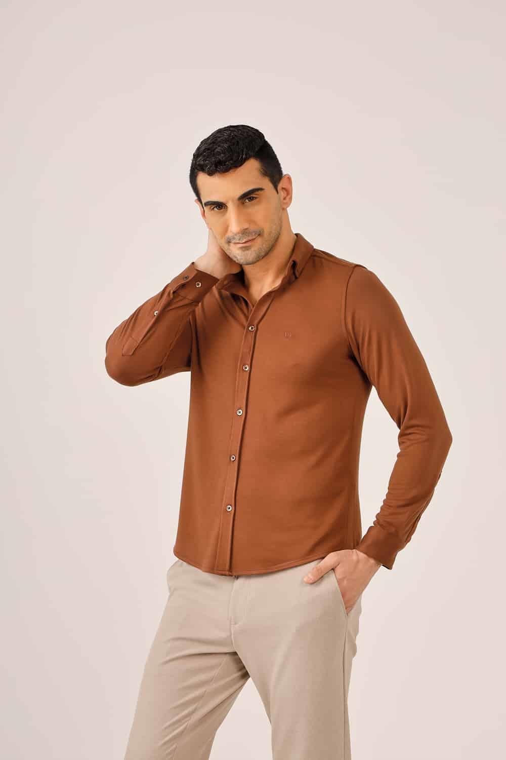 Dufy Kiremit Erkek Slim Fit Düz Brent Alttan Düğmeli Yaka Uzun Kol Gömlek - 89979