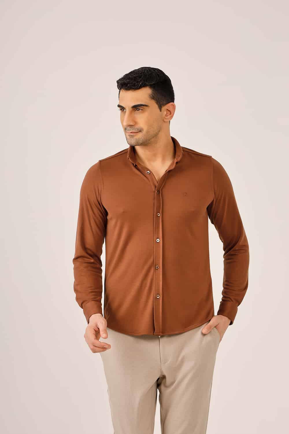 Dufy Kiremit Erkek Slim Fit Düz Brent Alttan Düğmeli Yaka Uzun Kol Gömlek - 89979