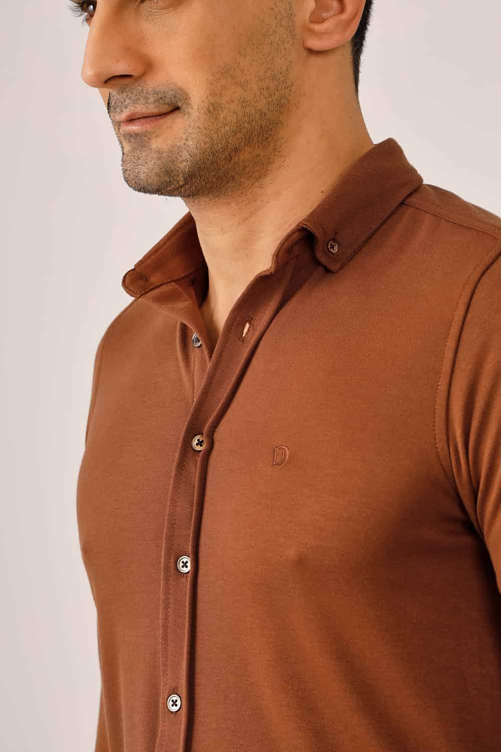 Dufy Kiremit Erkek Slim Fit Düz Brent Alttan Düğmeli Yaka Uzun Kol Gömlek - 89979