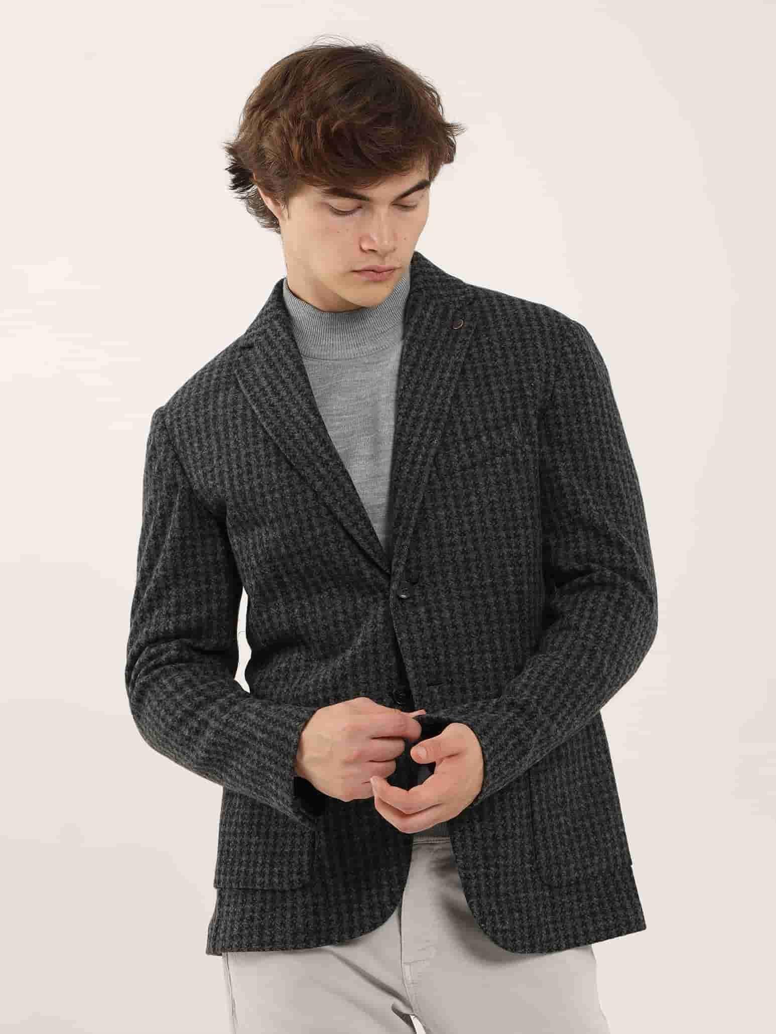 Dufy Koyu Gri Erkek Slim Fit Melanj Desenli Casual Mono Yaka Ceket - 97184