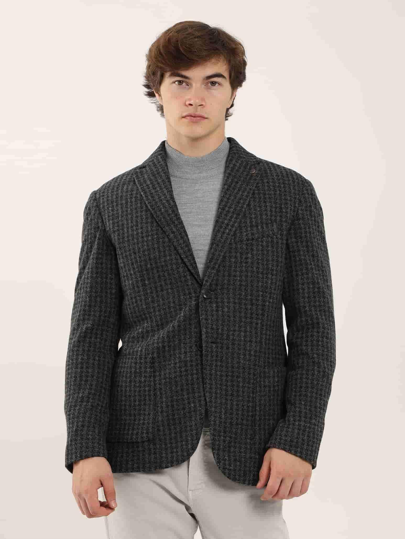 Dufy Koyu Gri Erkek Slim Fit Melanj Desenli Casual Mono Yaka Ceket - 97184