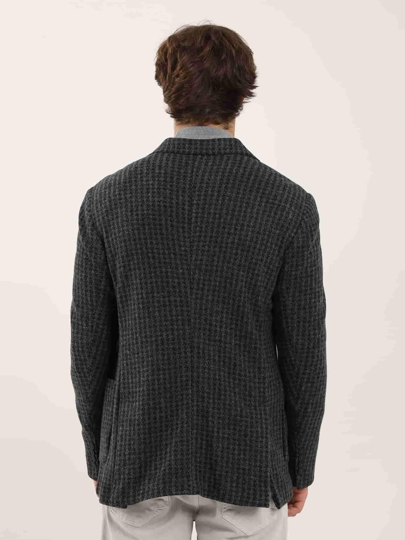 Dufy Koyu Gri Erkek Slim Fit Melanj Desenli Casual Mono Yaka Ceket - 97184