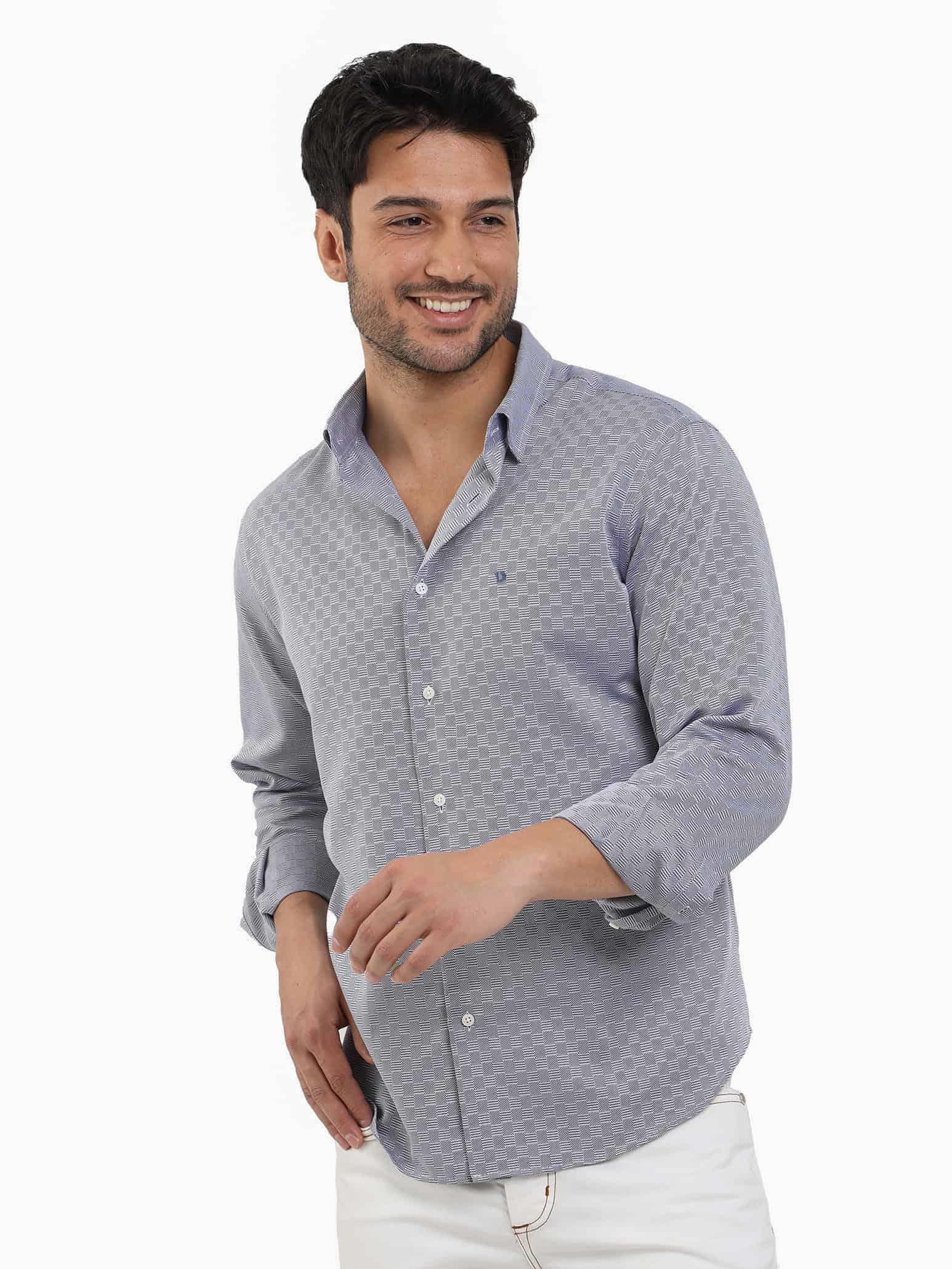 Dufy Lacivert Erkek Regular Fit Armürlü Düğmeli Yaka Uzun Kol Gömlek - 99049