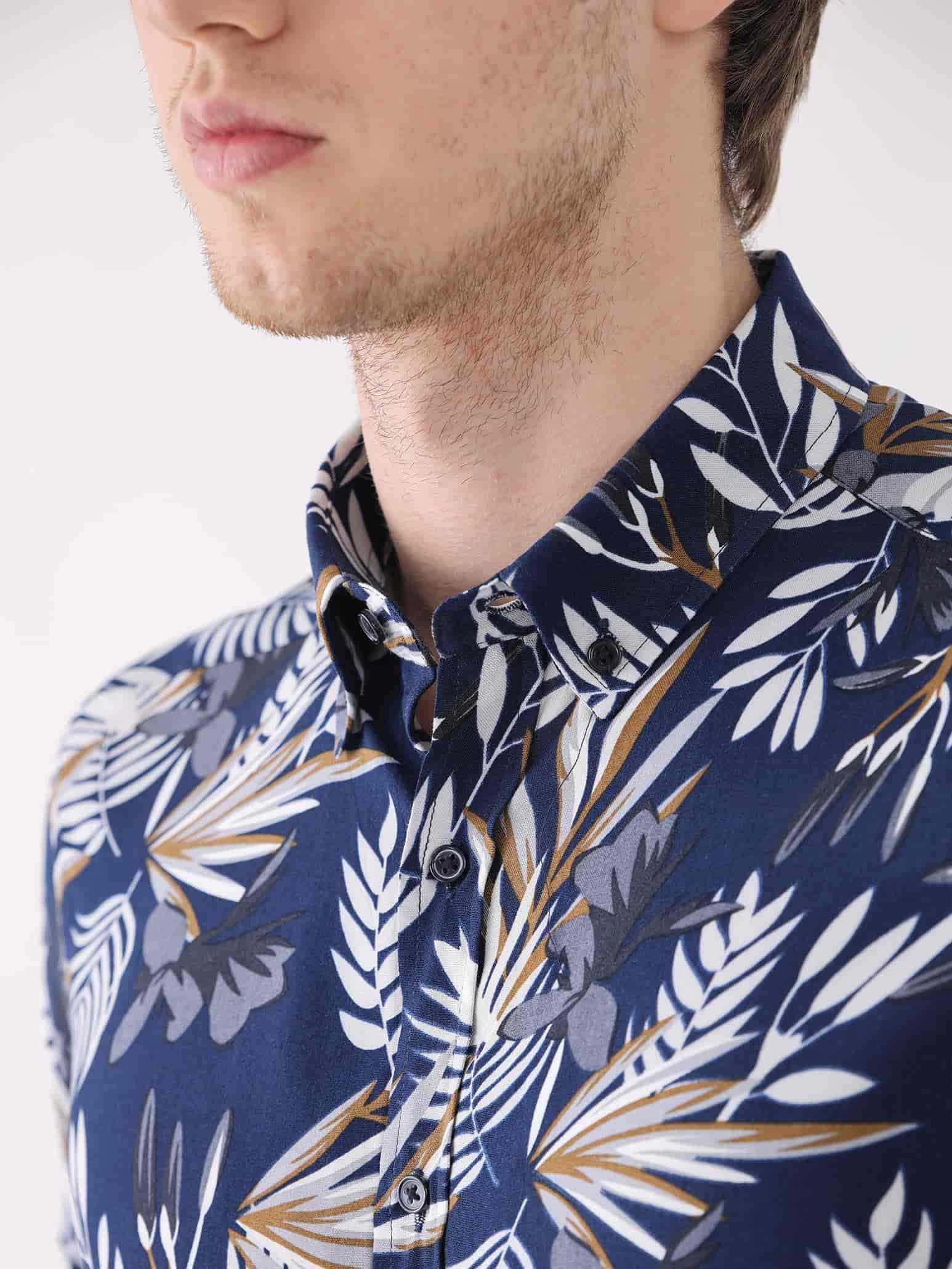 Dufy Lacivert Erkek Regular Fit Çiçek Desenli Brent Düğmeli Yaka Kısa Kol Gömlek - 96324