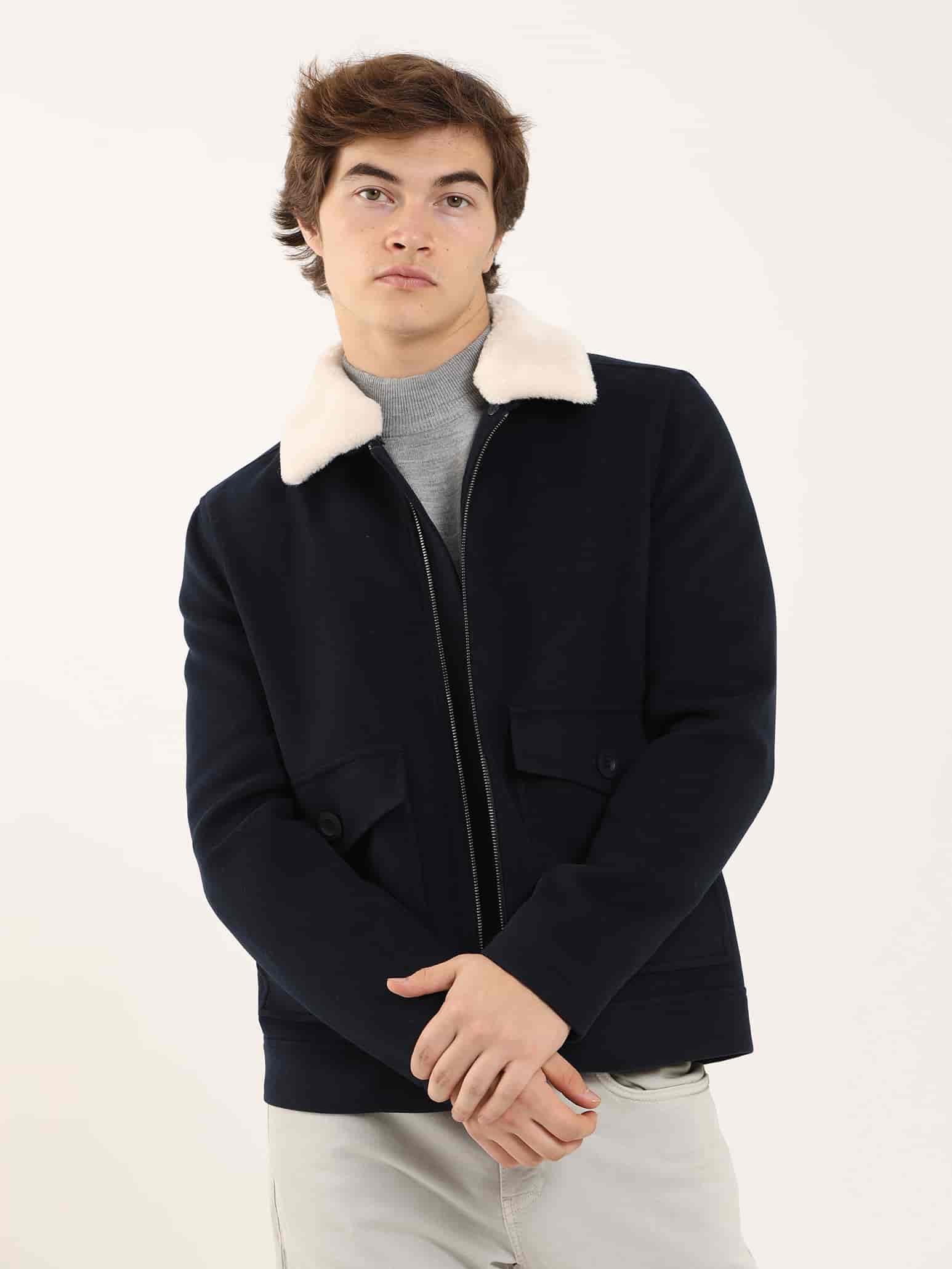 Dufy Lacivert Erkek Regular Fit Düz Klasik Kürklü Yaka Kaban - 97072