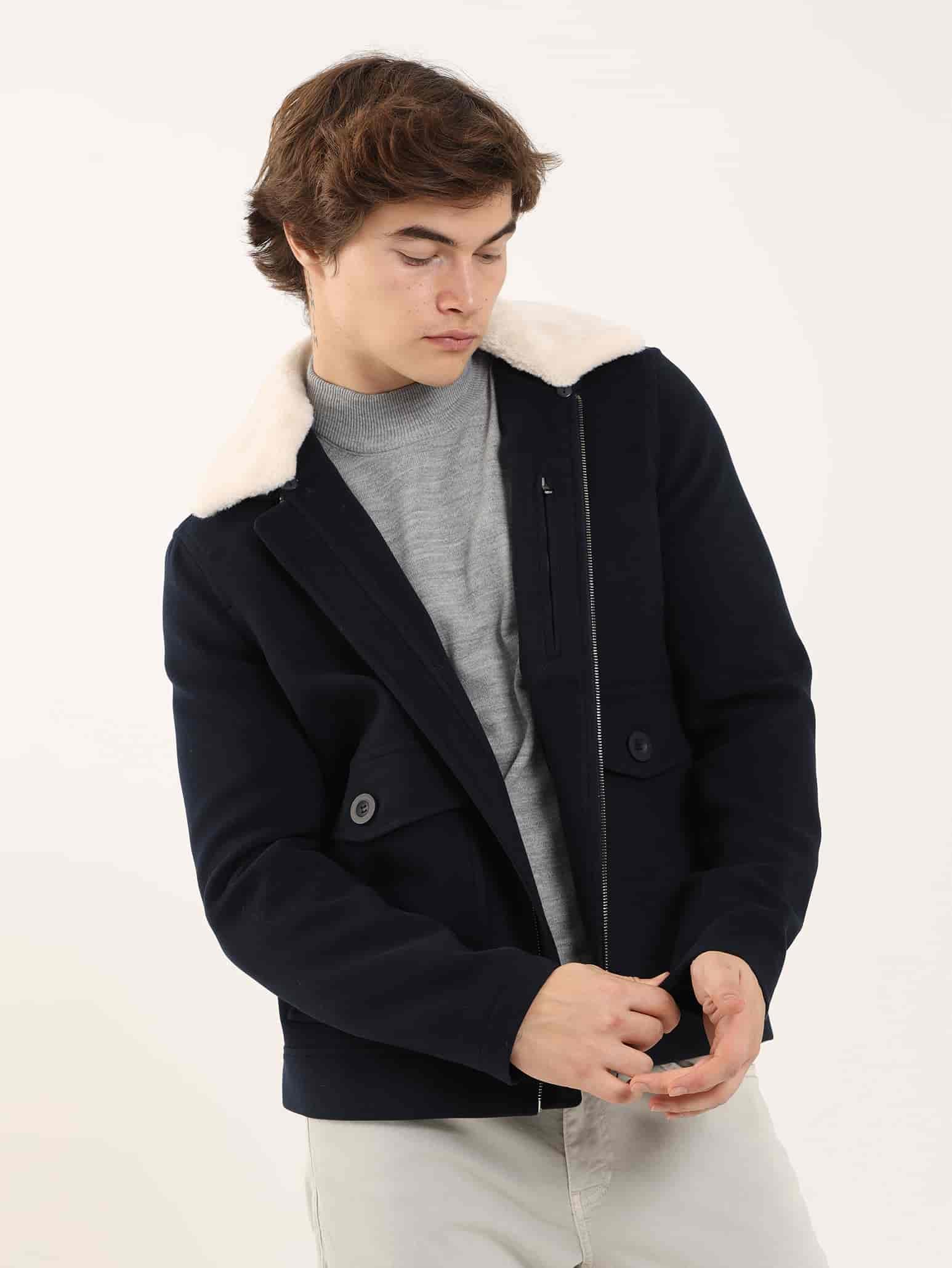 Dufy Lacivert Erkek Regular Fit Düz Klasik Kürklü Yaka Kaban - 97072