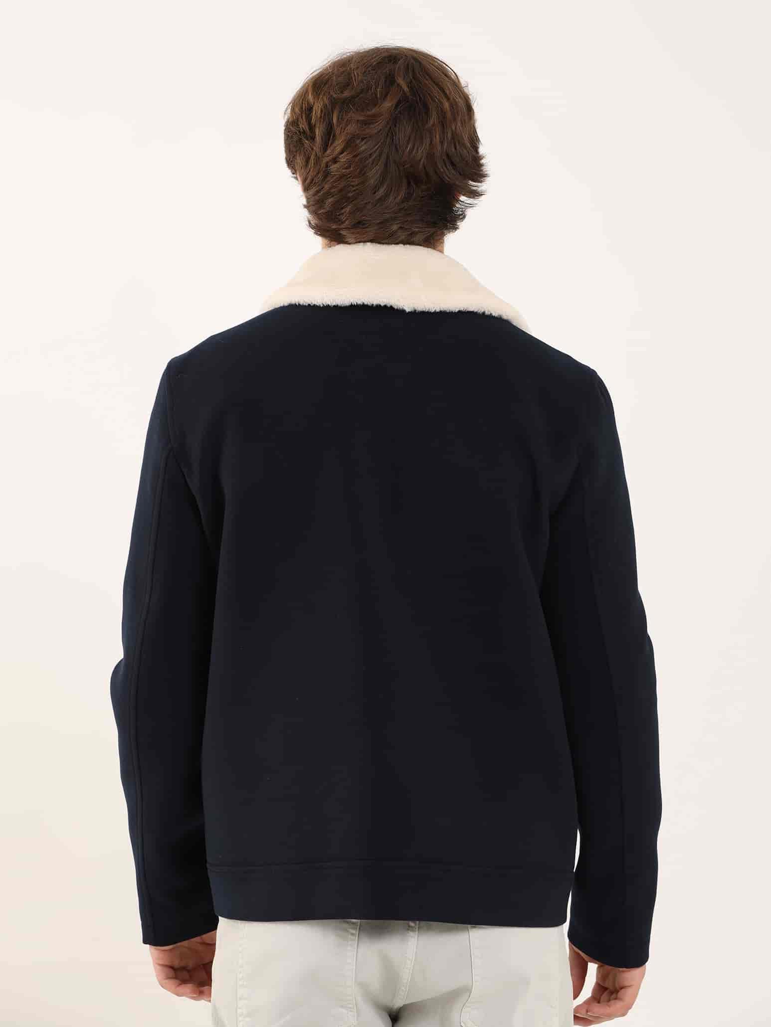 Dufy Lacivert Erkek Regular Fit Düz Klasik Kürklü Yaka Kaban - 97072