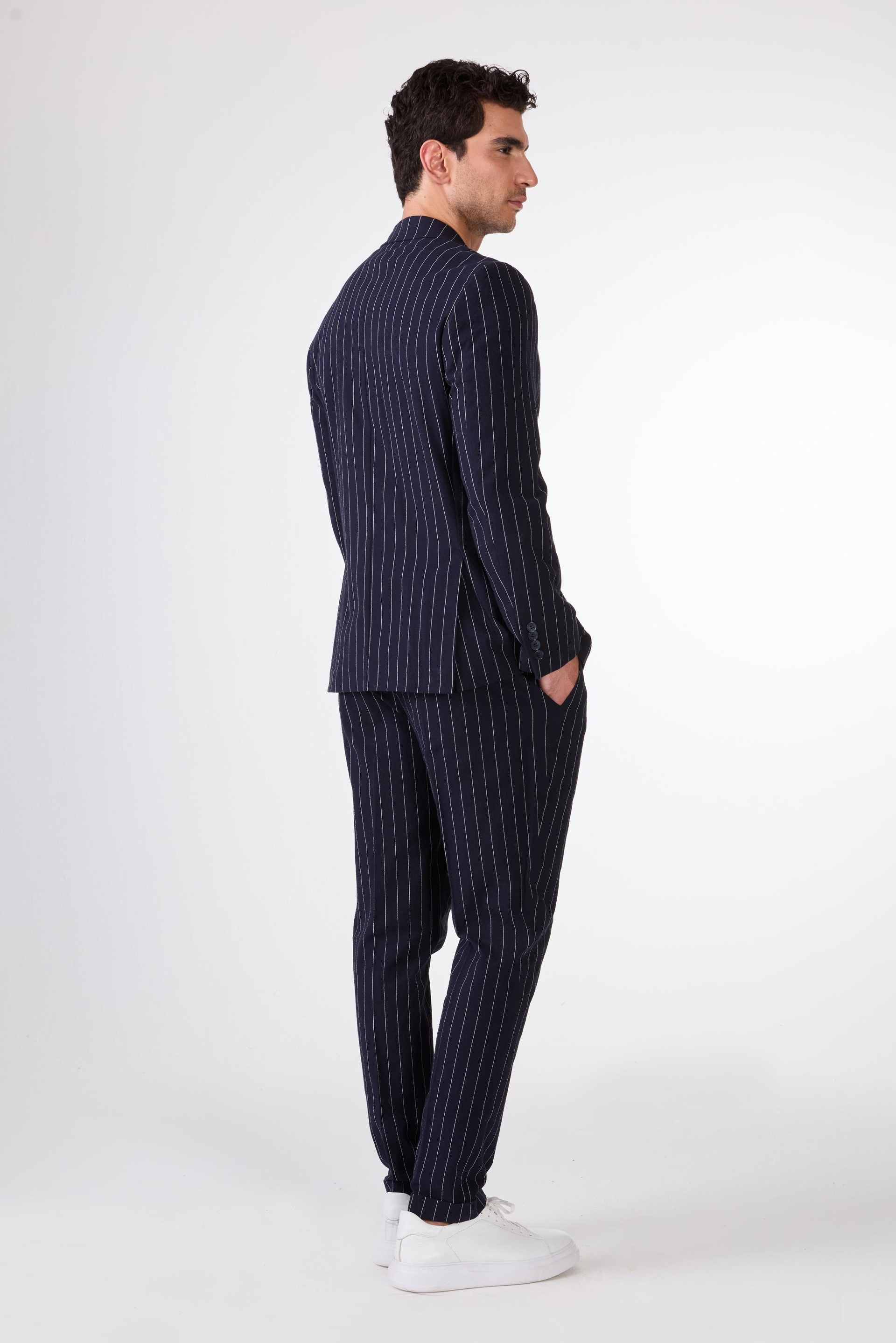 Dufy Lacivert Erkek Slim Fit Çizgili Mono Yaka Ceket - 107863