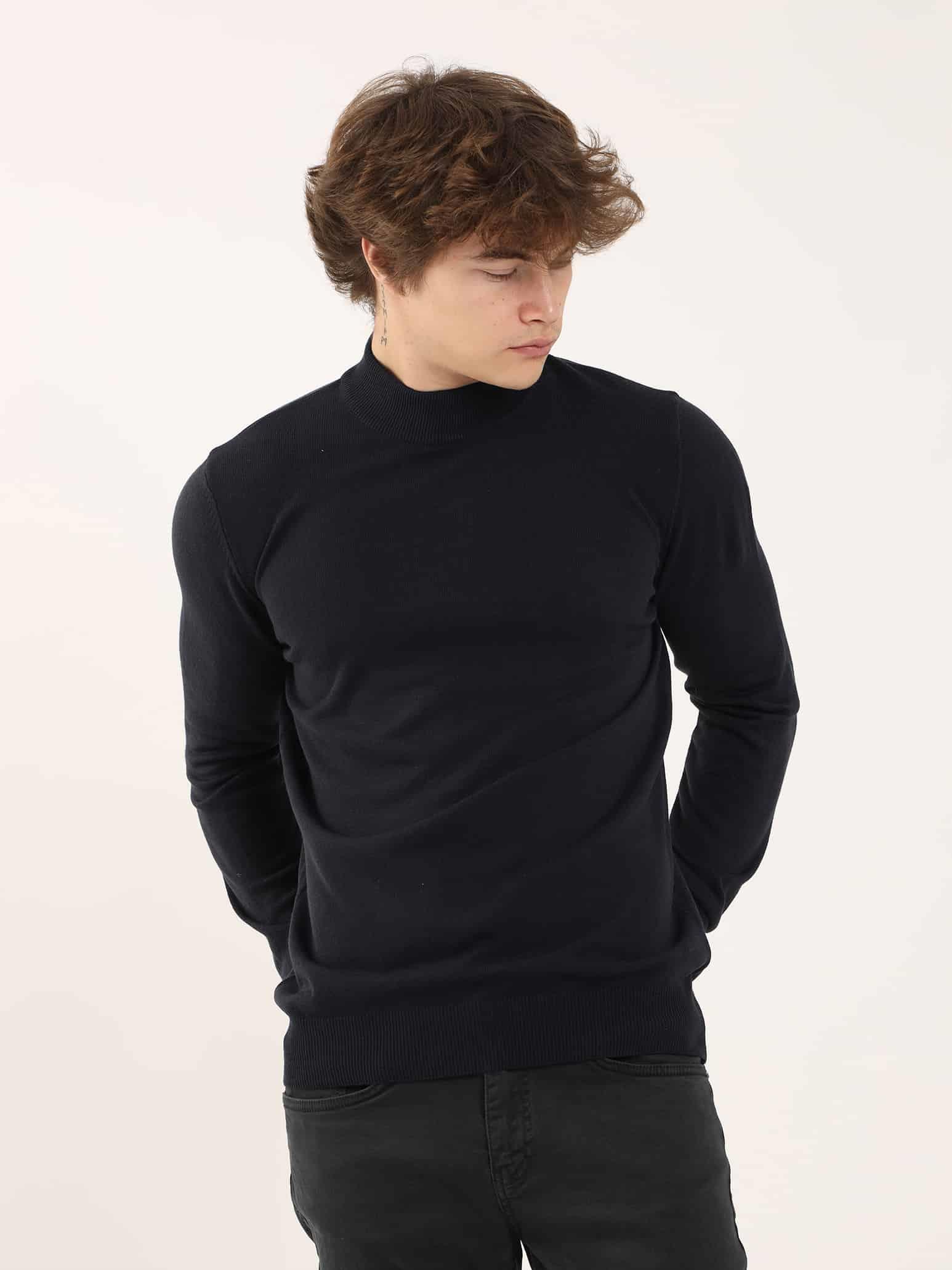 Dufy Lacivert Erkek Slim Fit Düz Klasik Yarım Balıkçı Yaka Kazak - 91097